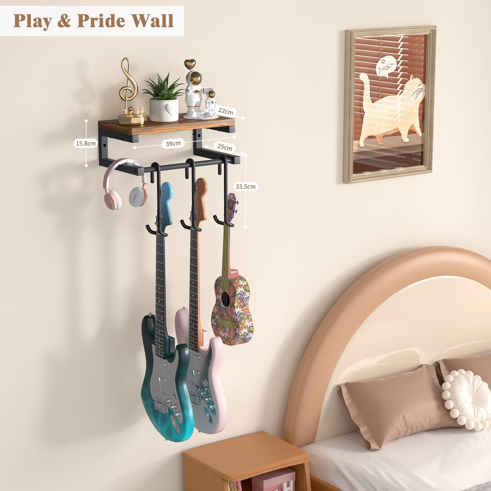 VINCOURNA Guitar Wall Mount, 3 Guitar Wall Hanger with Large Shelf - Image 2