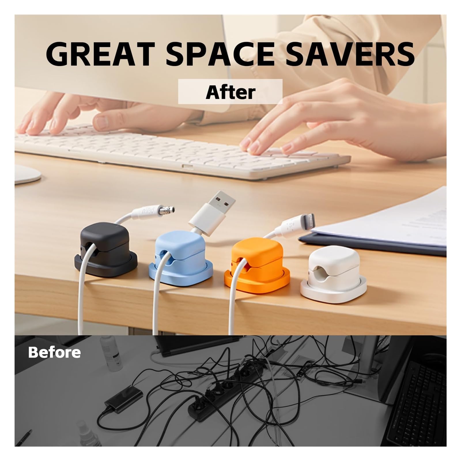 360° Drehbarer Magnetischer Kabelhalter, Selbstklebend Kabelmanagement für Nachttisch & Schreibtisch, Kabelclips für Auto Büro, Magnet Kabel-Organizer für Ladekabel USB-C(White,12)