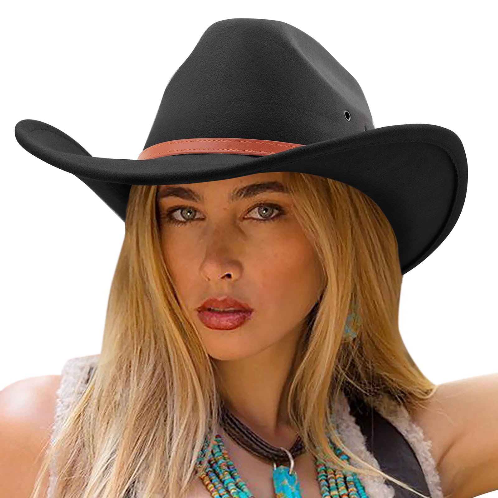 DRESHOW Cowboy Hat for Women and Men Cattleman Western Retro Fedora Felt Cowgirl Hats Outdoor Wide Brim with Buckle Belt Unisex Rolled up Caps