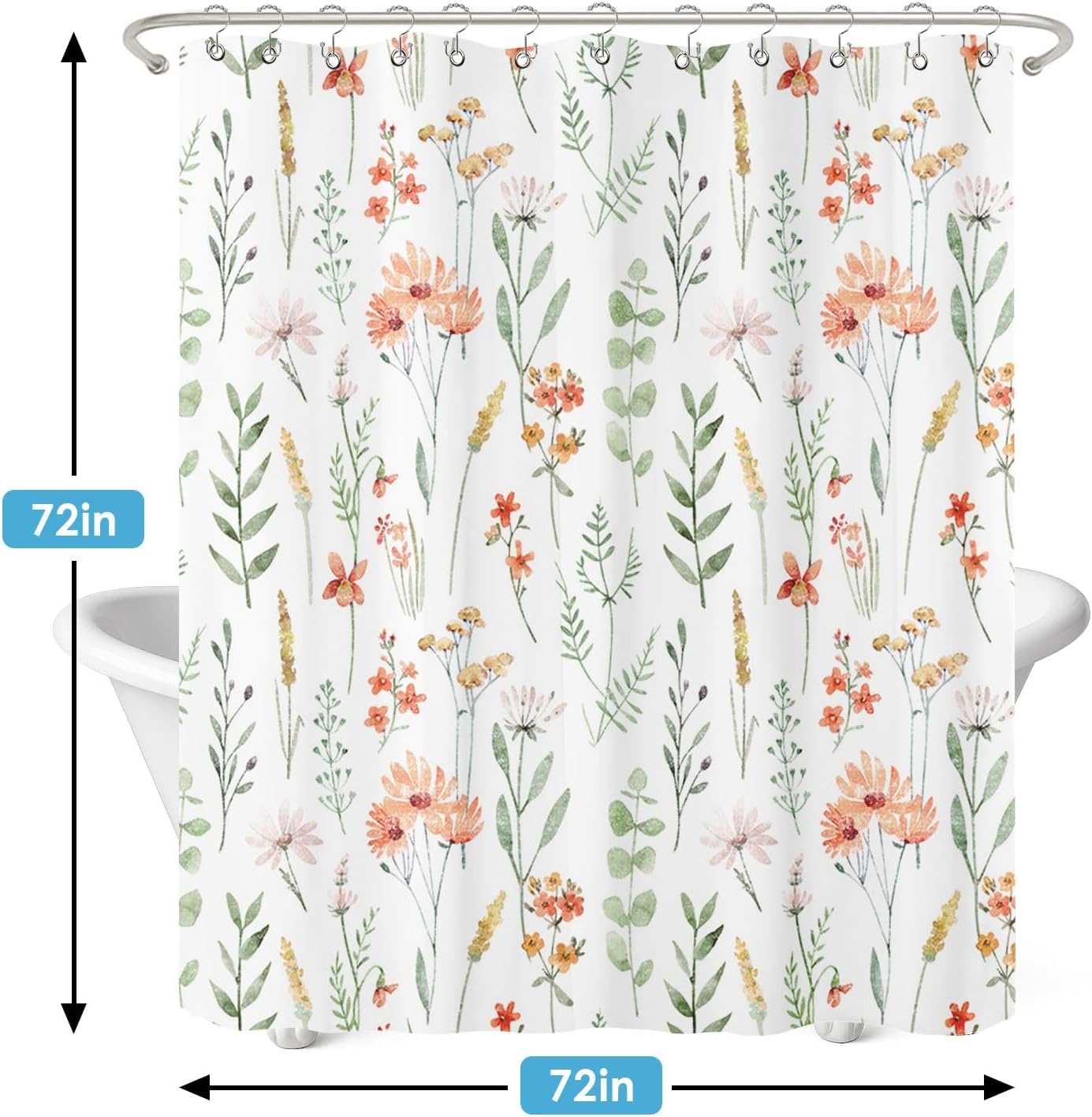 Shower Curtain and Liner Set, Watercolor Flower Sage Green Floral PlantsShower Curtain and Liner with Double-Sided Stainless Steel Hooks, 3-in-1 Waterproof Fabric for Bathroom, 72x72 Inch