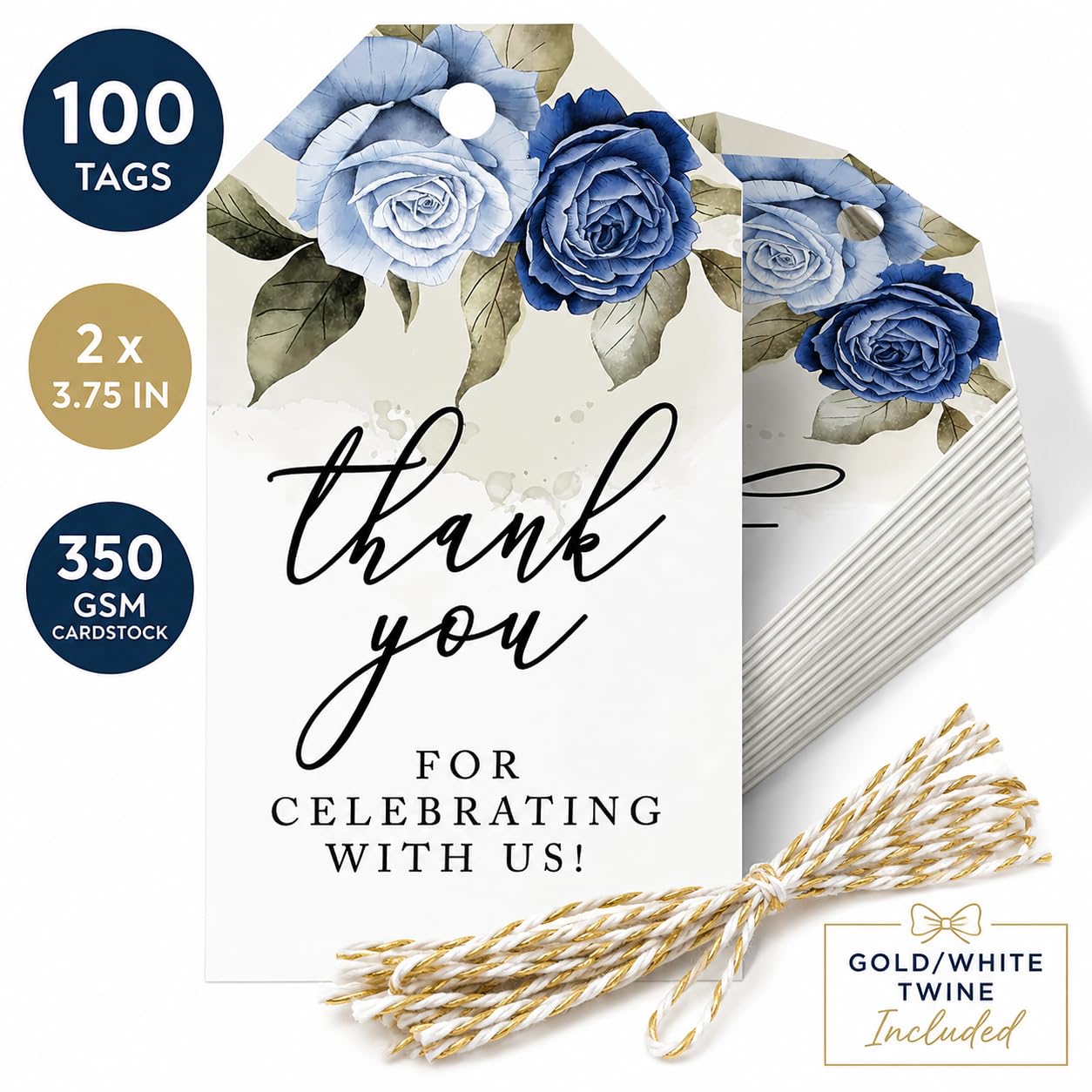 Andaz Press Geschenkanhänger mit Aufschrift "Thank You for Celebrating with Us", Karton, blaue Rosen, 5,1 x 9,5 cm, 100 Stück