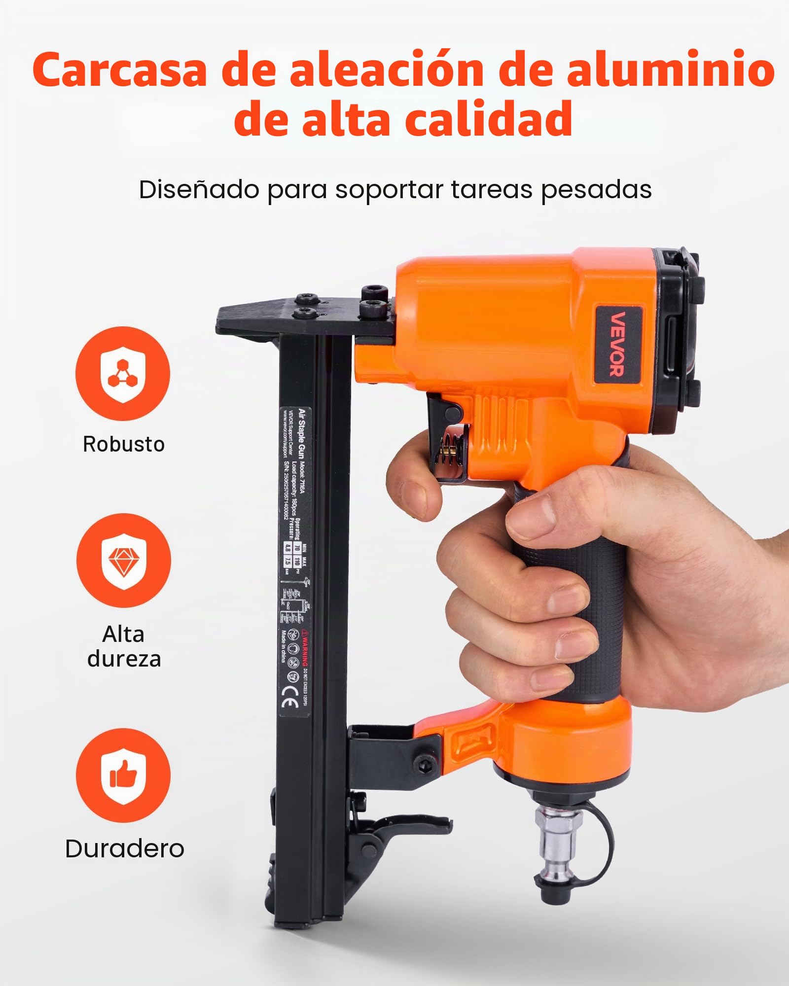VEVOR Grapadora Neumática Calibre 22, Compatible con Grapas de Alambre Fino Serie 71, Ancho de Corona de 9,1 mm, Longitud de 4-16 mm, 4,8-7,6 bar, para Carpintería y Tapicería, 230 x 45 x 160 mm