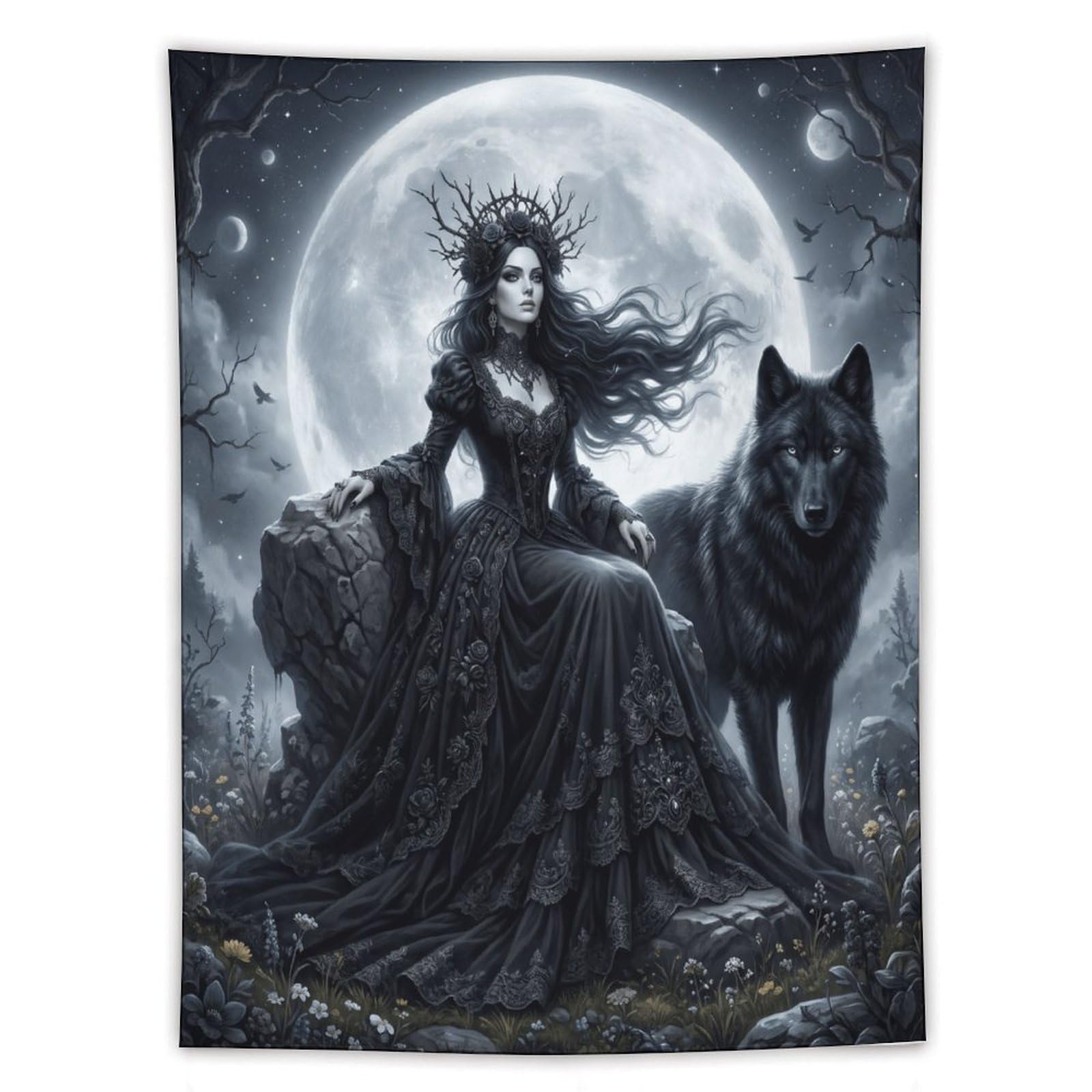 H3B8U2Y5 Dark Wolf Queen Moon Wall Tapestry, Realistic Illustration Style