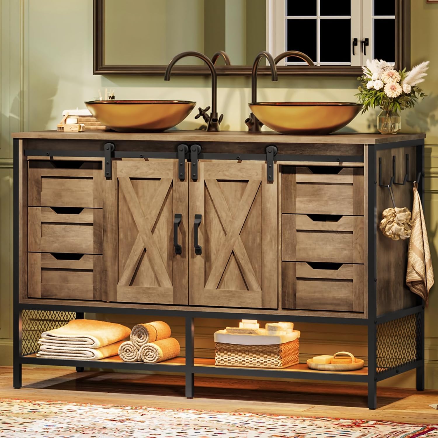Concho 47 inch Farmhouse Bathroom Vanity with LED Light and Tempered Glass Vessel Sink
