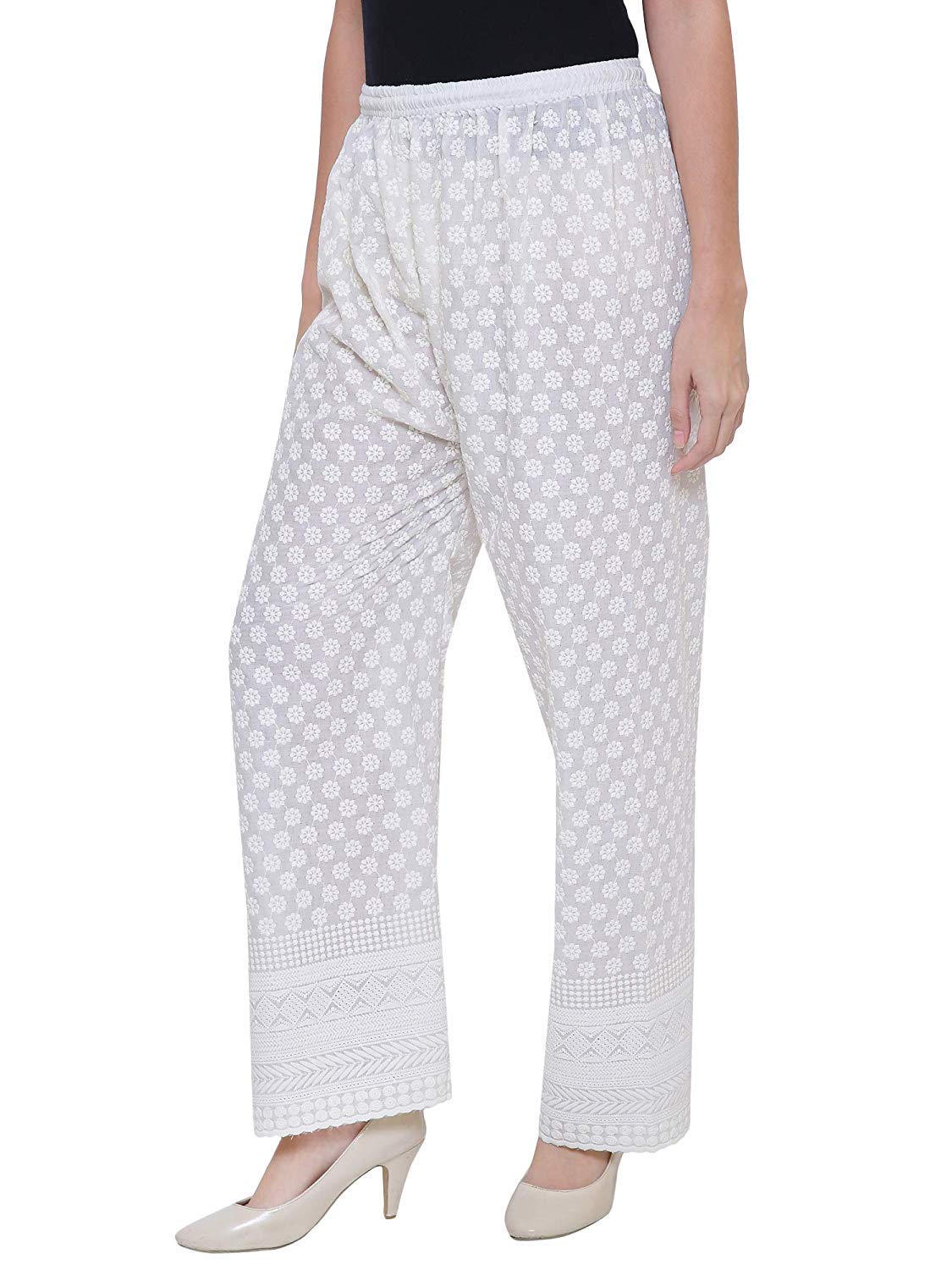 tnq Craze Women Full Heavy Chikan Embroidery Palazzo Pants White-picture-47