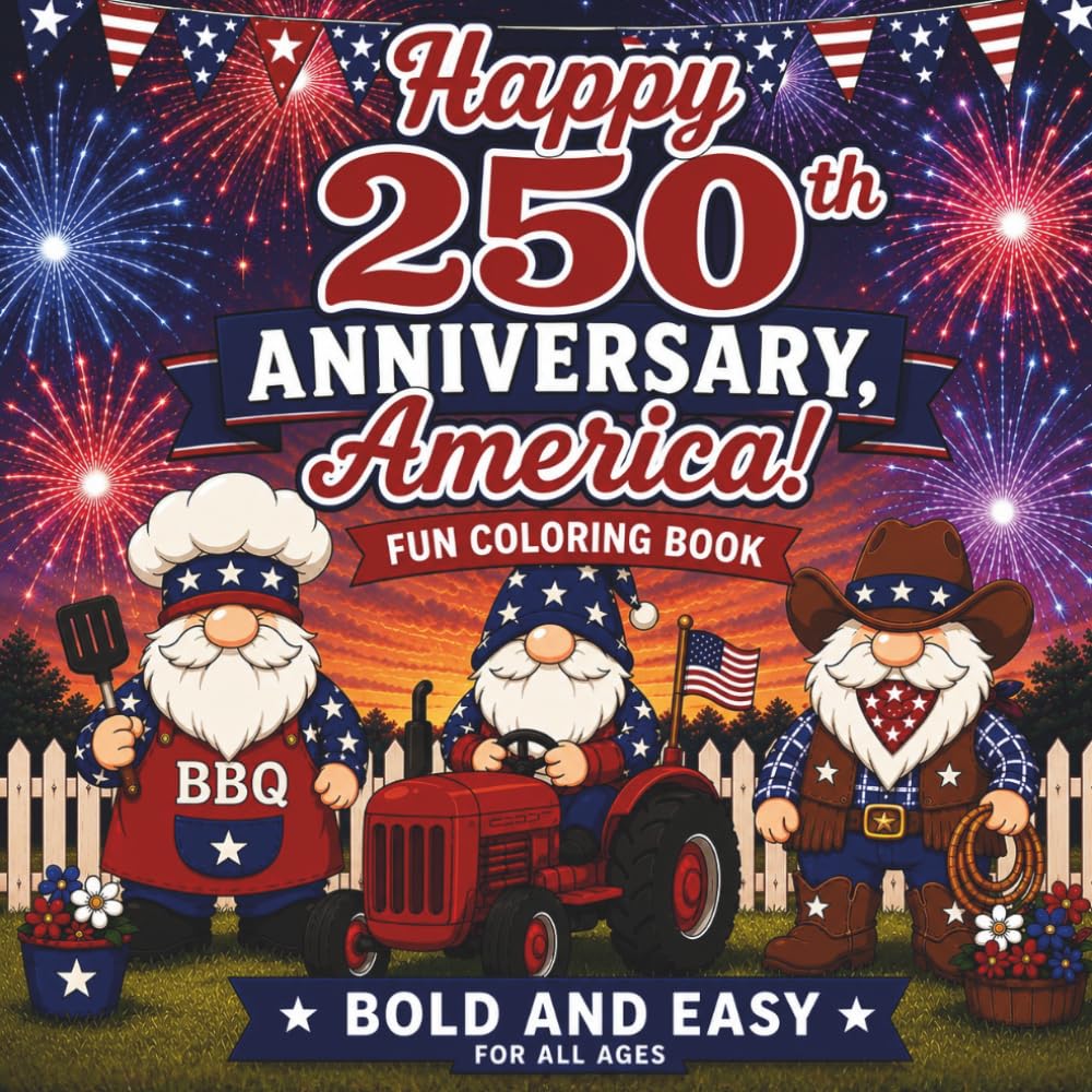 Happy 250th Anniversary, America! Patriotic Gnomes Coloring Book: Bold and Easy 4th of July Coloring Pages for All Ages with Cute Americana Gnomes, Fireworks, BBQ, Tractor and Country Fun