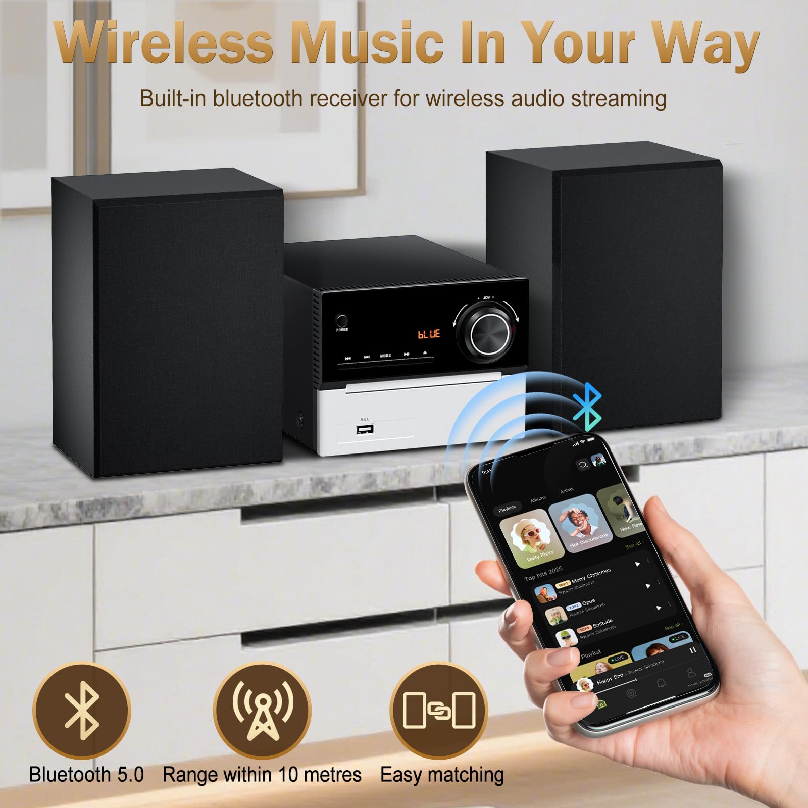 Mini Chaine HiFi Bluetooth pour Maison, Lecteur CD avec Enceintes 30W RMS