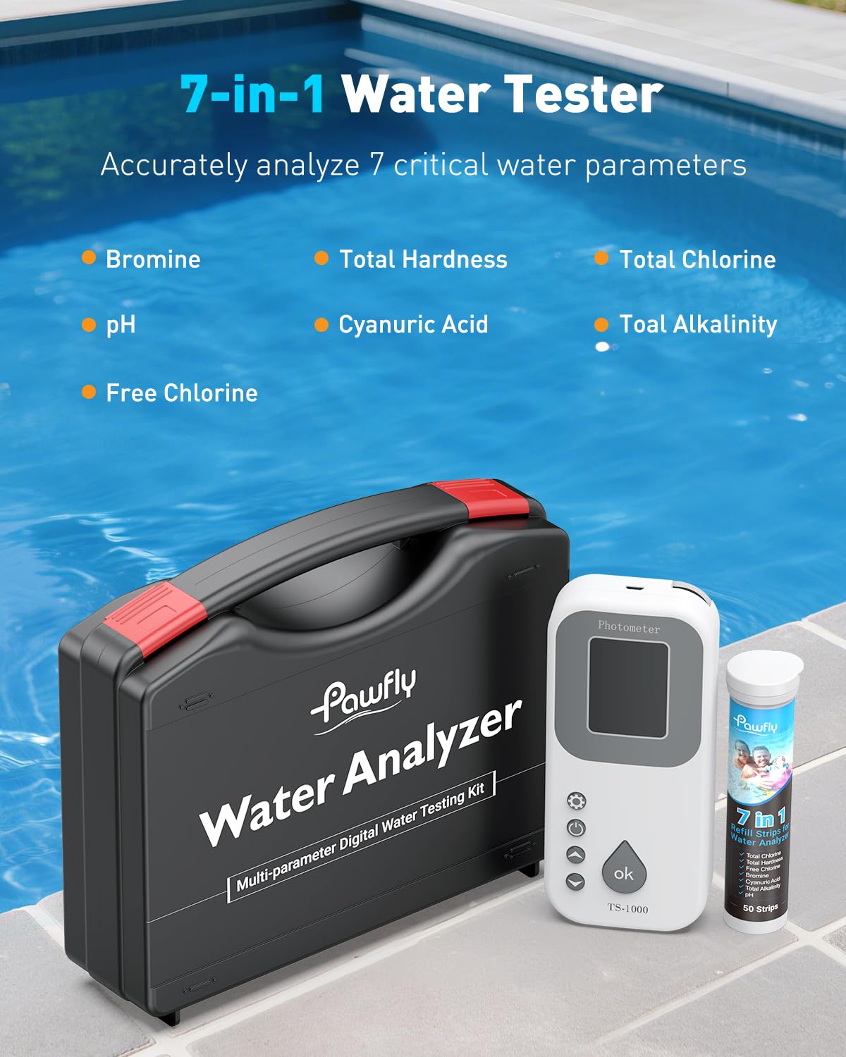 Pawfly 7 in 1 Kit Test Digitale Acqua 50 Strisce Tester per pH Durezza Totale Cloro Totale Cloro Libero Alcalinità Acido Cianurico e Bromo per Piscina e Idromassaggio