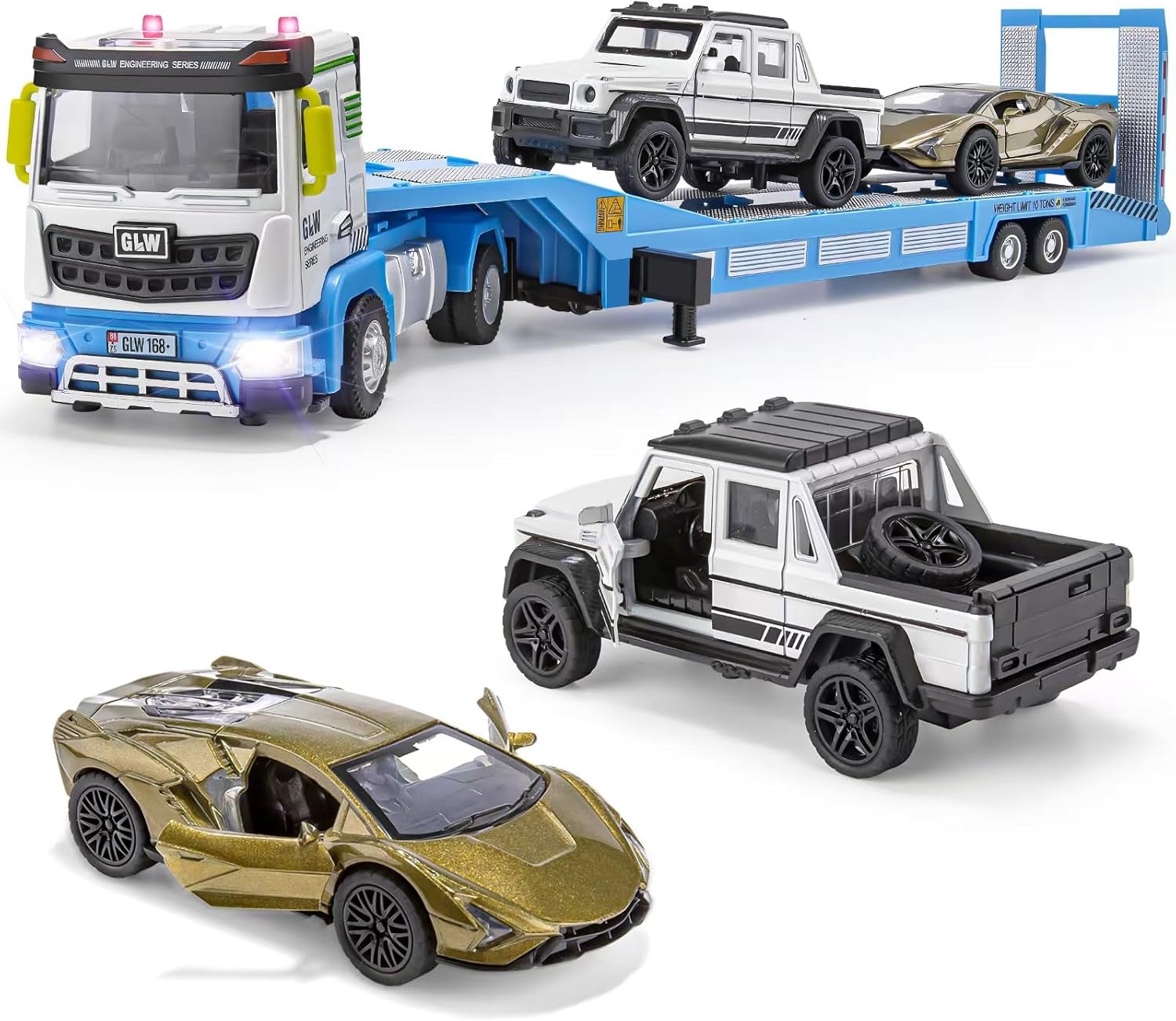Die-cast Semi Truck Toys Set w/Semi Truck, Pickup, Racing Car, Alloy Engineering Transport Vehicles Toys w/Lights & Sounds, Model Pickup,Model Racing Car for Boys Kids