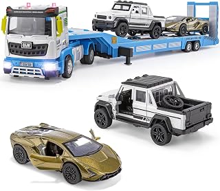 Die-cast Semi Truck Toys Set w/Semi Truck, Pickup, Racing Car, Alloy Engineering Transport Vehicles Toys w/Lights & Sounds, Model Pickup,Model Racing Car for Boys Kids