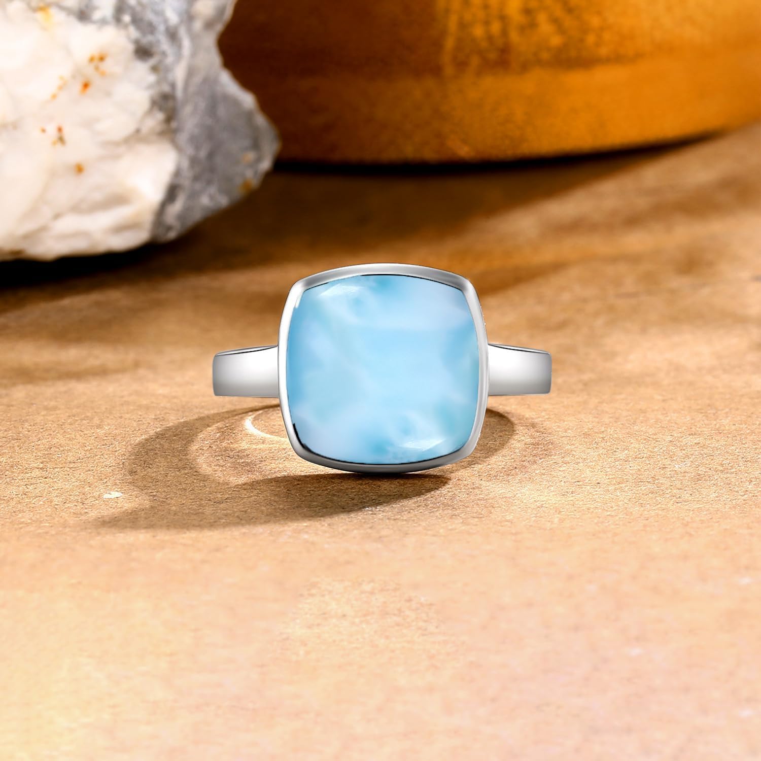 MDFUN Natural Larimar Ring for Women 925 Sterling Silver 11 * 11mm Cushion-shaped Blue Gemstone Eternity Band Jewelry Gifts - Image 4