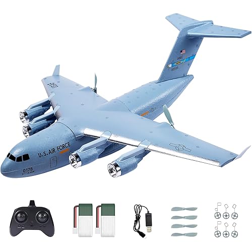 RC Airplane, 2CH RC Plane Ready to Fly, 2.4GHz C-17 Remote Control Airplane with 6-axis Gyro Stabilizer Globemaster III Military Transport Aircraft for Beginners Boys Kids Adults Patent Pending