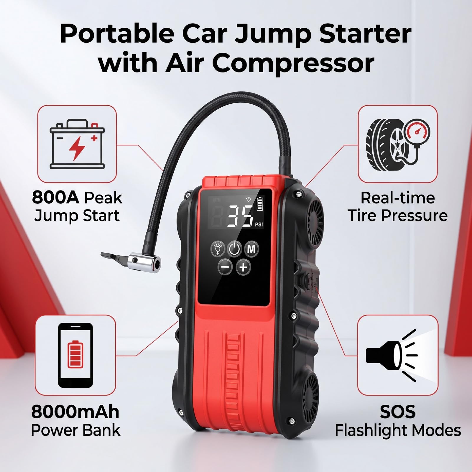 Jiawu Démarreur de Secours 800 A avec compresseur d'air pour 12 V