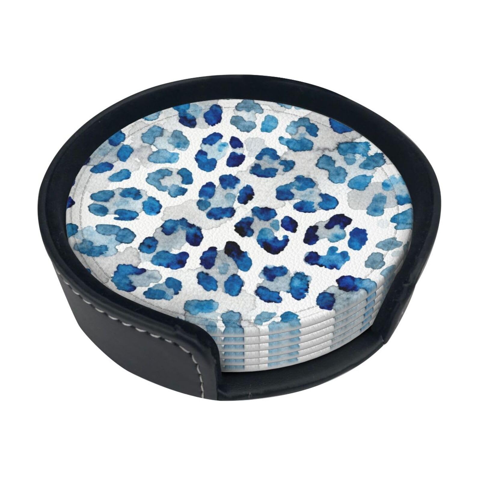 Cntdbu White Blue Leopard Print Leather Coasters Set Of 6-Pu Leather Drink Mats For Table, Heat Resistant Round Coasters With Holder