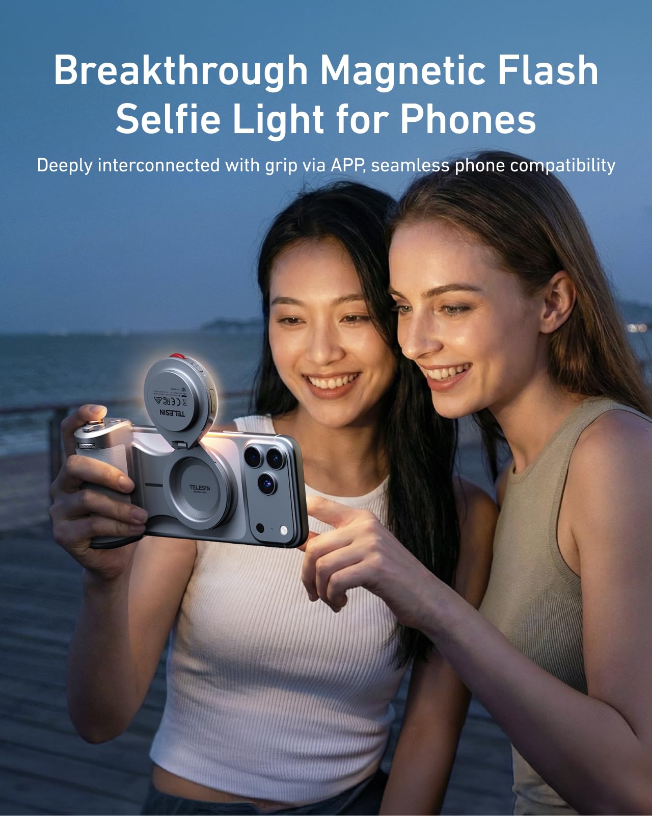 TELESIN Pro Shot Imaging Grip + Beauty Selfie Blitzlicht für iPhone 17 16 15 14 13 12 & Android | DSLR-Stil Ergonomischer MagSafe Griff, 32N Magnetkraft | Vlog, YouTube & Zoom Content Creator Kit
