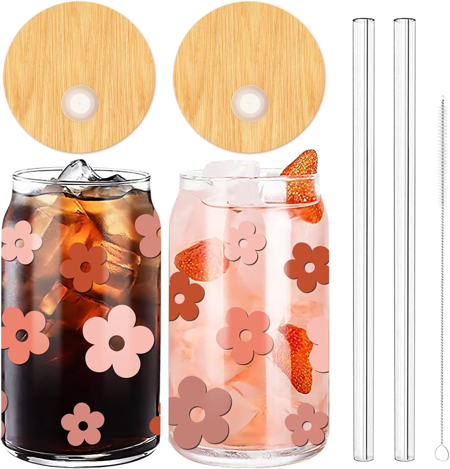 Amazon.com: Whaline 2 Pack Boho Drinking Glasses 16oz Pink Purple Daisy Flower Glasses Cup with ...