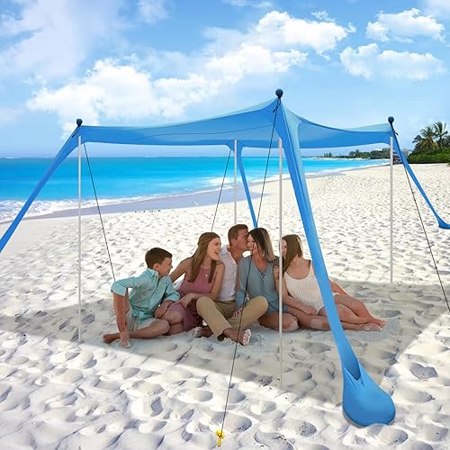 Beach Canopy Tent Sun Shade with UPF 50+ UV Protection, Beach Tent Sun Shelter with Sandbags, Poles and Ground Pegs and Anti-Wind Ropes, Outdoor Pop
