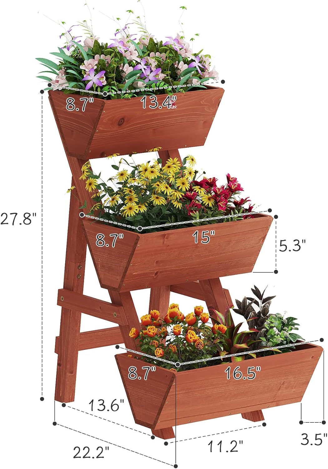Kitsanery 3-Tiers Wooden Raised Garden Bed,Wood Planter Box for Vegetable,Flower Rack,Flower Pot Stands,Indoor Outdoor Gardening Planting Beds (Brick red, Small)