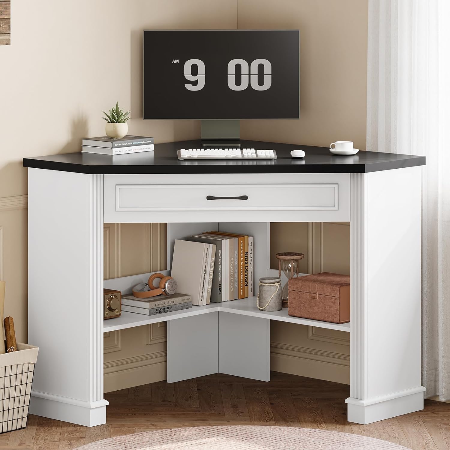 SEDETA 31.5" White Corner Desk, Small Corner Desk for Small Space, Farmhouse Triangle Computer Desk with Drawer and Storage for Home Office, Living Room, Bedroom, Vanity Desk