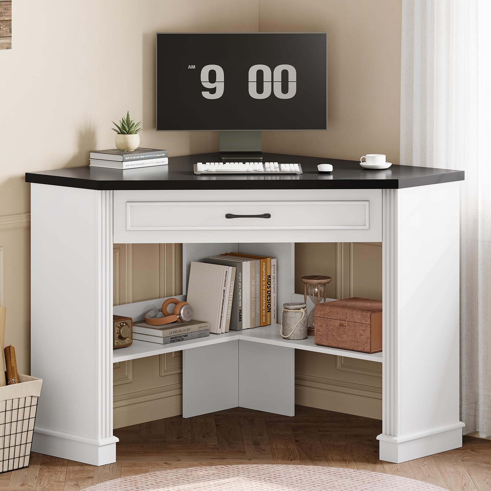 SEDETA 31.5" White Corner Desk, Small Corner Desk for Small Space, Farmhouse Triangle Computer Desk with Drawer and Storage for Home Office, Living