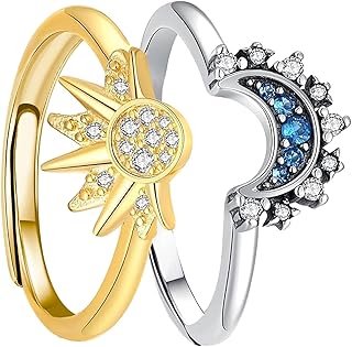 مجموعة خواتم الشمس والقمر من فاشون مانيا، خواتم قابلة للتكديس للنساء، خواتم متطابقة قابلة للتعديل كخواتم صداقة لأفضل صديقة، خواتم تكديس الشمس والقمر للبنات المراهقات