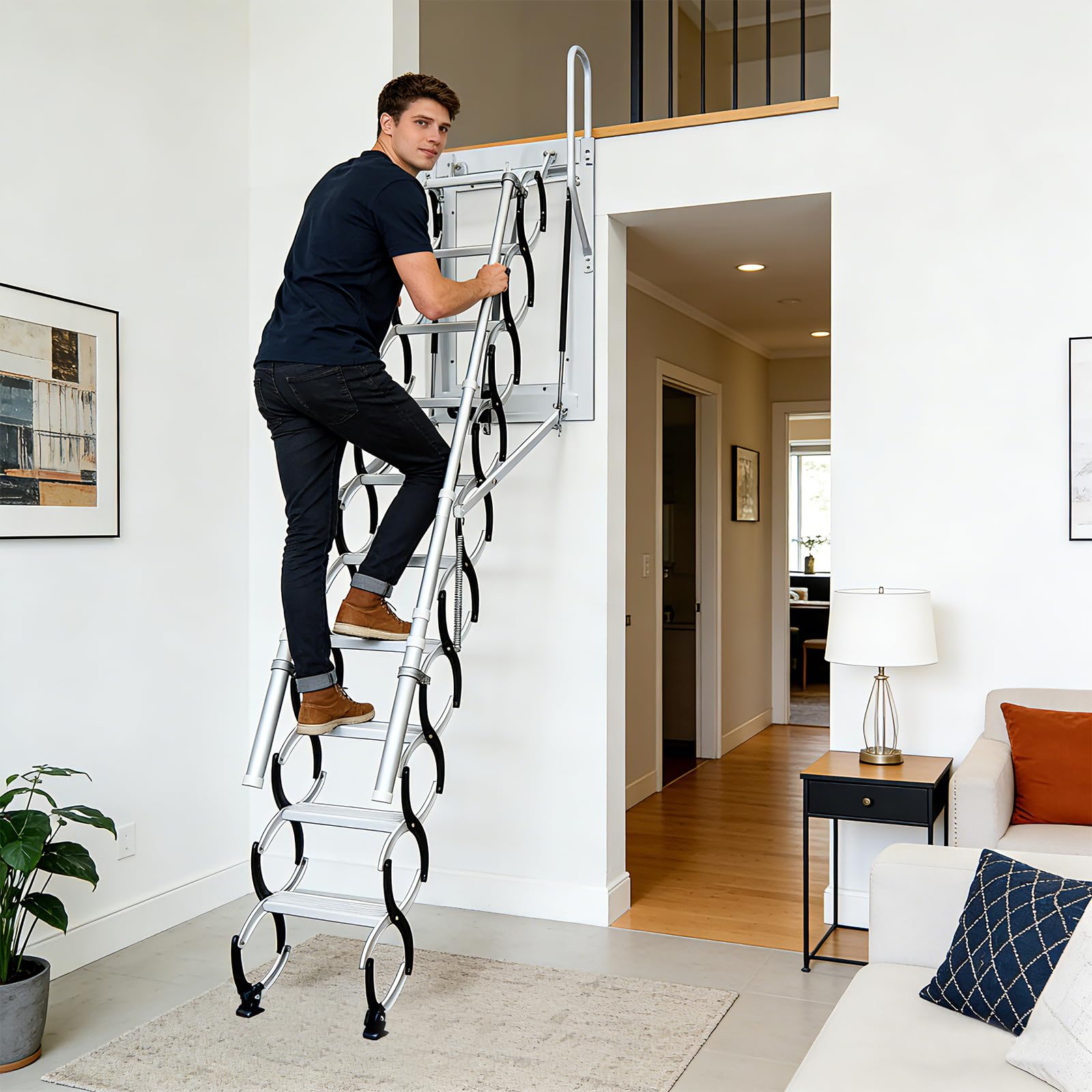 Dachbodentreppe, 9 Stufen Extra-Breite Stahl wandmontierte Versenkbare Treppe, Dachbodenleiter Ausziehbar, Dachtreppe, mit 2 Handläufen, Tragkraft 300 kg, rutschfesten Stufen