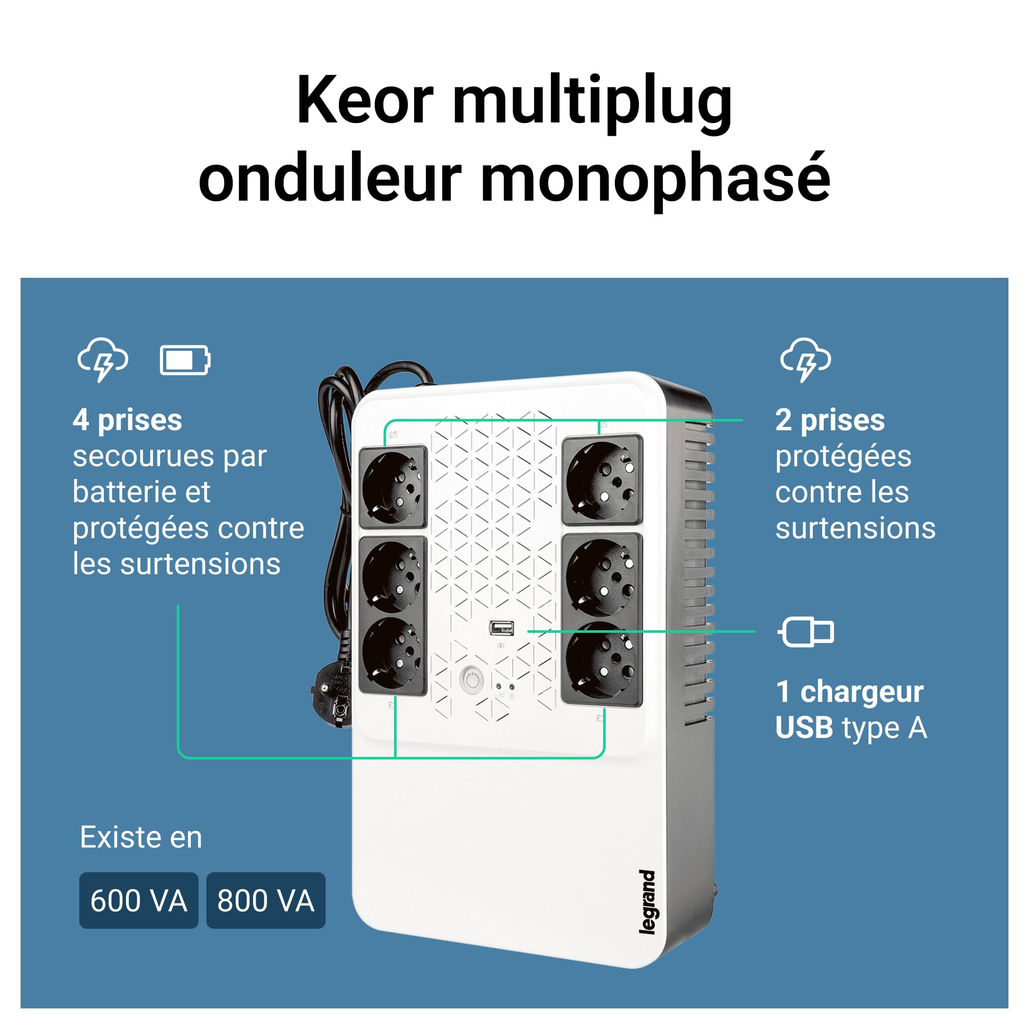 LEGRAND | UPS Keor Multiplug 800 FR, Onduleur Monophasé Avec 6 Prises, Protection Contre Les Surtensions, Autonomie De 10 À 15 Minutes