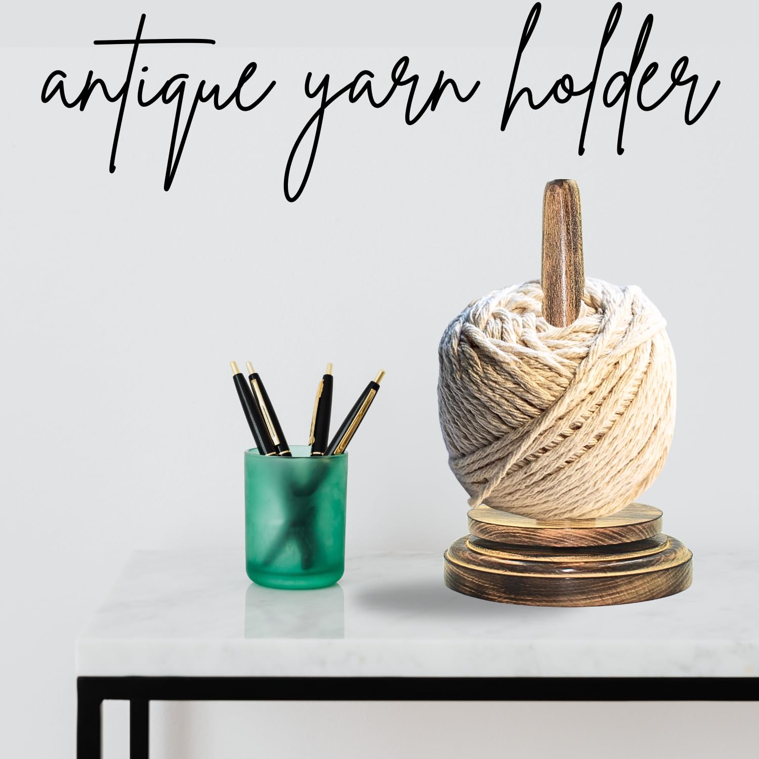 NAAZ Wood Arts® Wood Yarn Holder + Crochet Hook, Wooden Yarn Holder, Wooden Yarn Rolling Holder with Twirling Mechanism (7" H x 4" W)