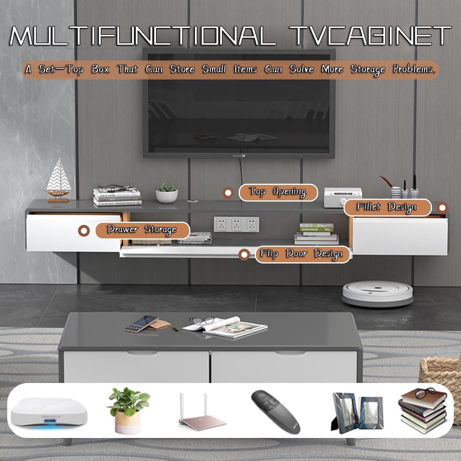 Moderne schwebende TV-Konsole Wandhalterung mit 2 Schubladen, Grau und Schwarz, Medienschrank für kleine Wohnungen, 200 cm Regal für unter dem Fernseher