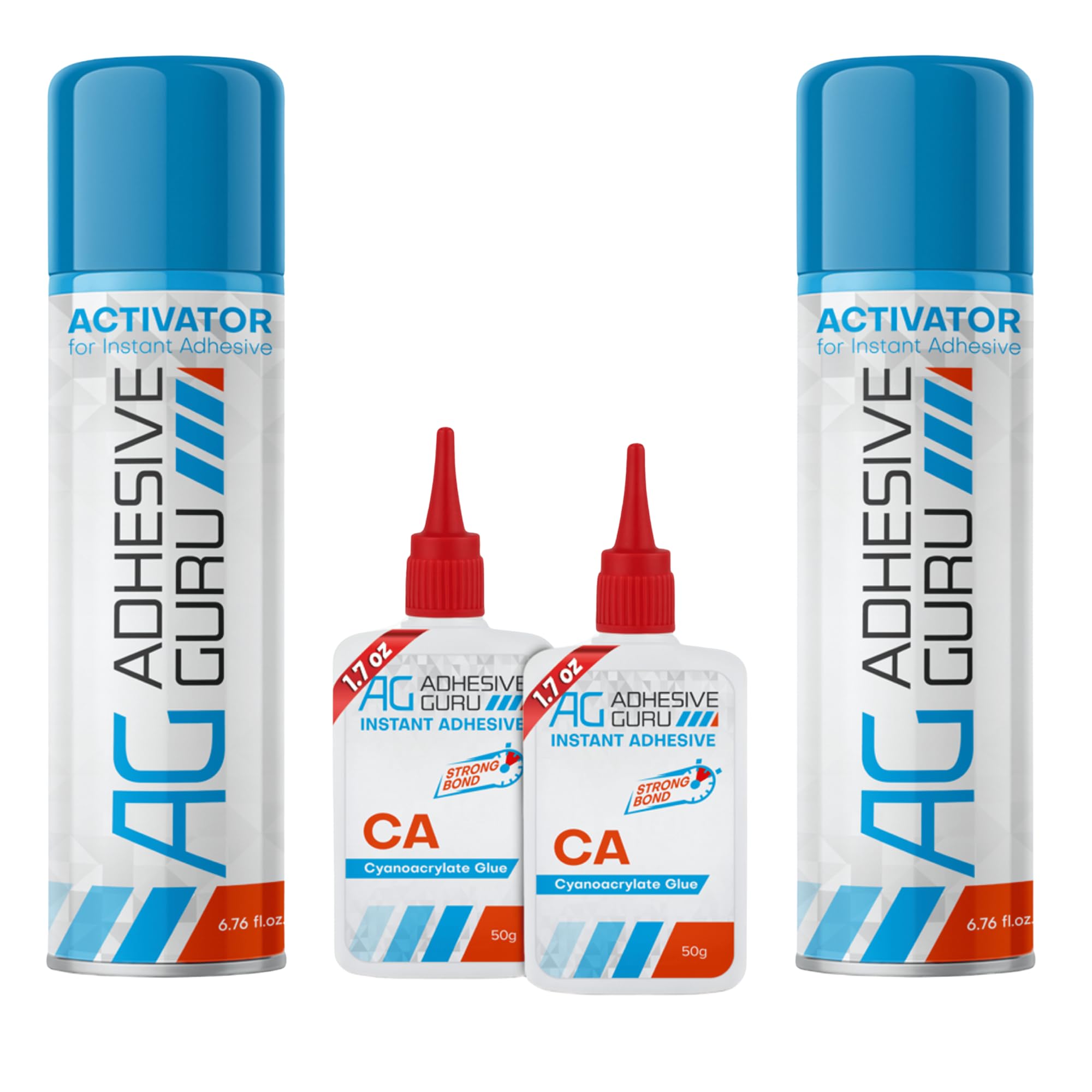 Adhesive Guru CA Glue with Activator (2x1.7 oz - 2x6.76 fl oz) - Premium Cyanoacrylate Super Glue for Woodworking, Woodturning, Plastic, Metal, Leather, DIY, Ceramic & Craft | Instant Bond - 2 Pack