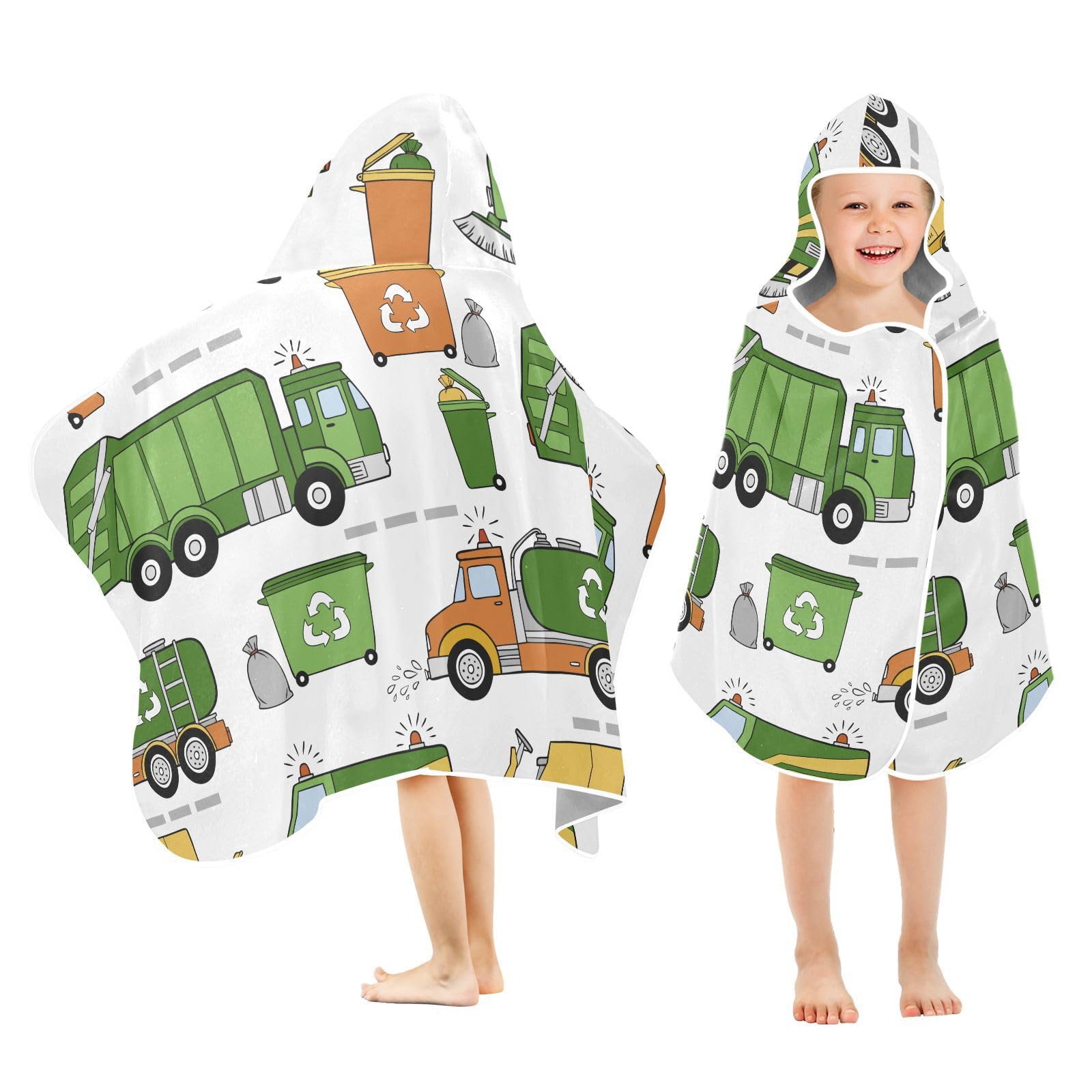 Selerdon Kids Beach Towel for Boys Girls, Construction Garbage Trucks Street Bath Towel Wrap, Baby Hooded Towels, Toddler Soft Pool Swim Towels