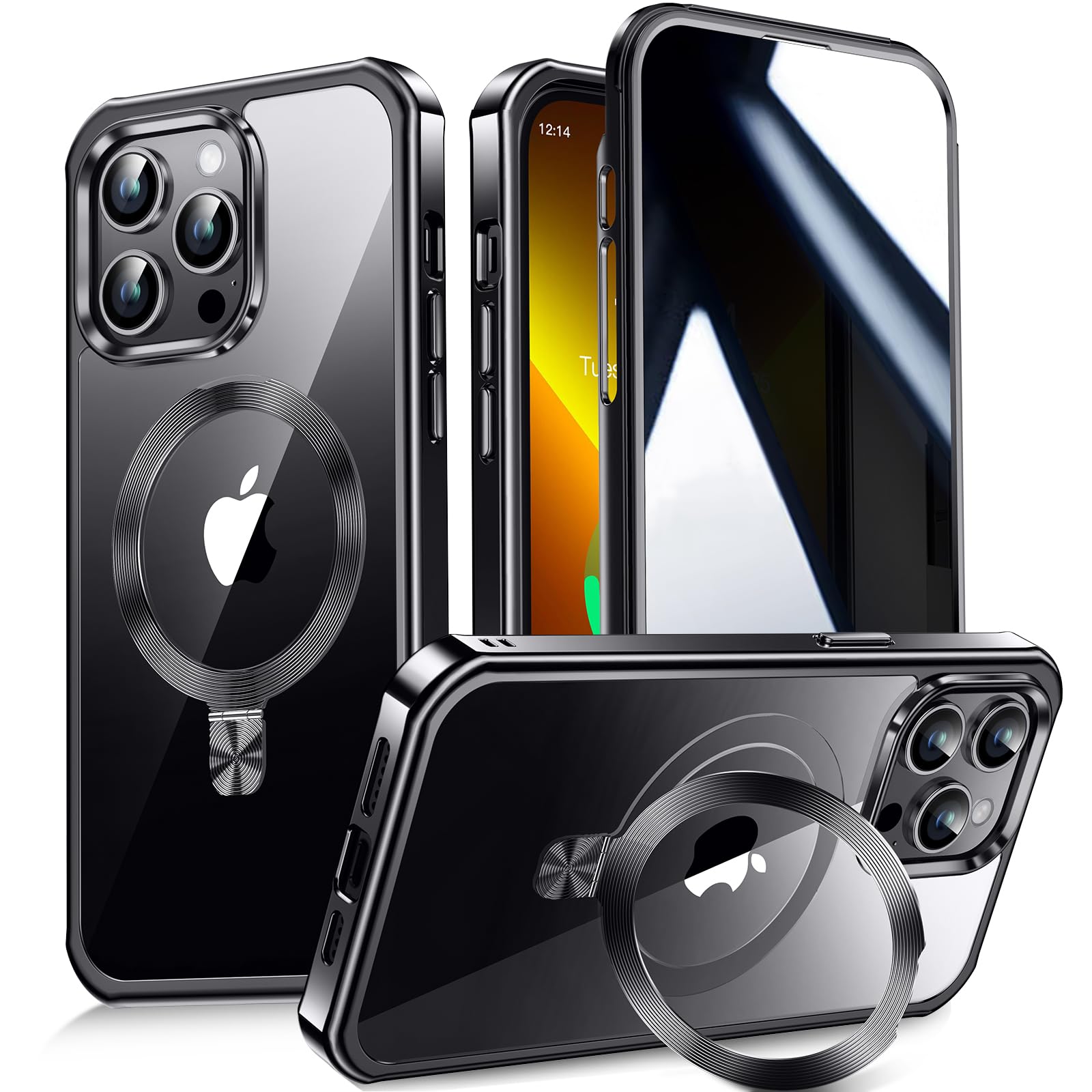 【多機能隠しスタンド・Magsafe対応・覗き見防止】WTAIYUN iPhone 13 Pro Max 用 ケース 全面保護 CDリング 縦横両対応 ワイヤレス充電対応 米軍MIL規格 耐衝撃 高感度タッチ 両面 いphone13プロマックス カバー ストラップホール付き メッキTPUバンパー PC背面 透明 黄変防止 アイフォン13promax ケース 6.7インチ（ブラック）