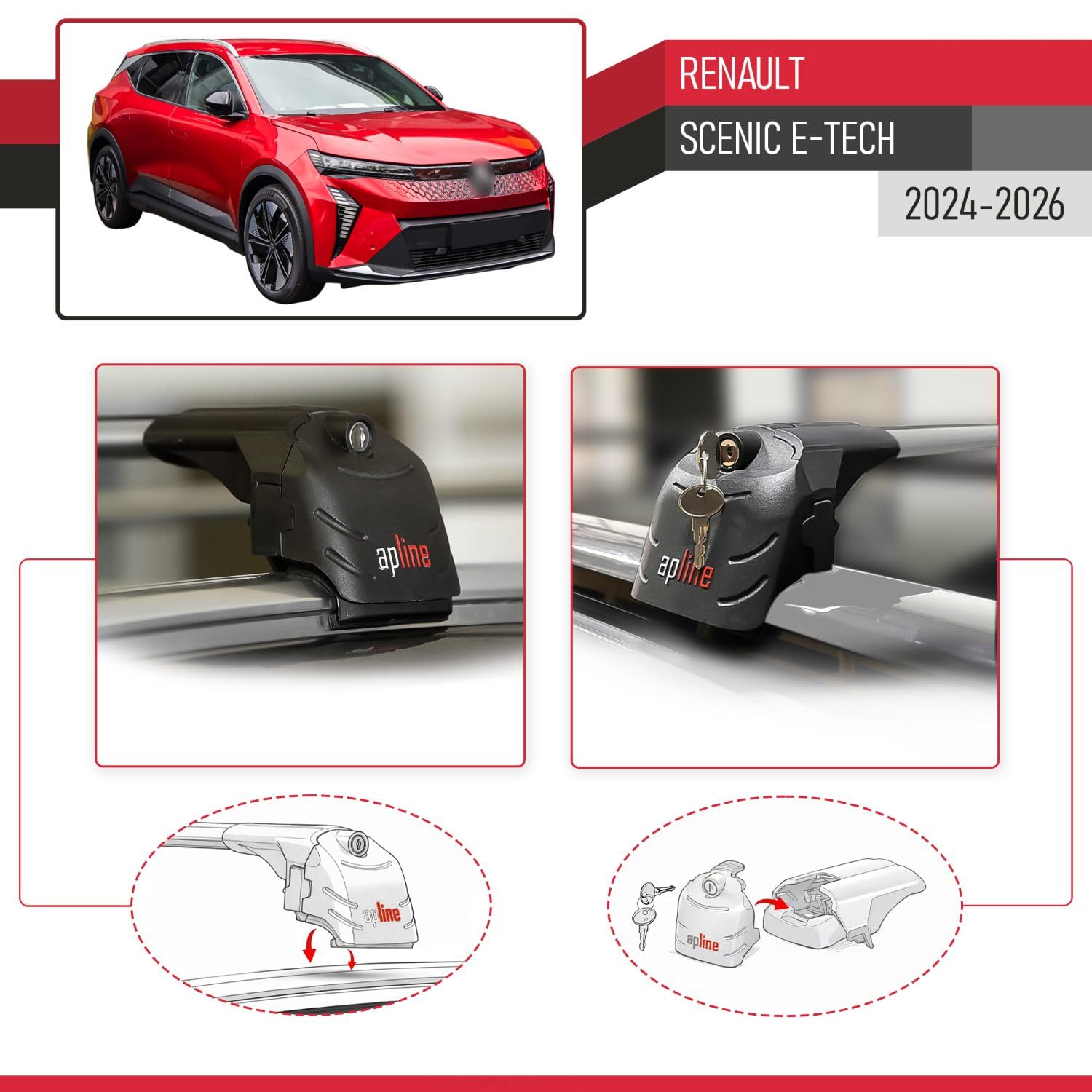 Compatible avec Renault Scenic E-Tech 2024-2026 ACE-2 Modèle Barres de Toit Railing Porte-Bagages de Voiture Aluminium Gris 2 Barres