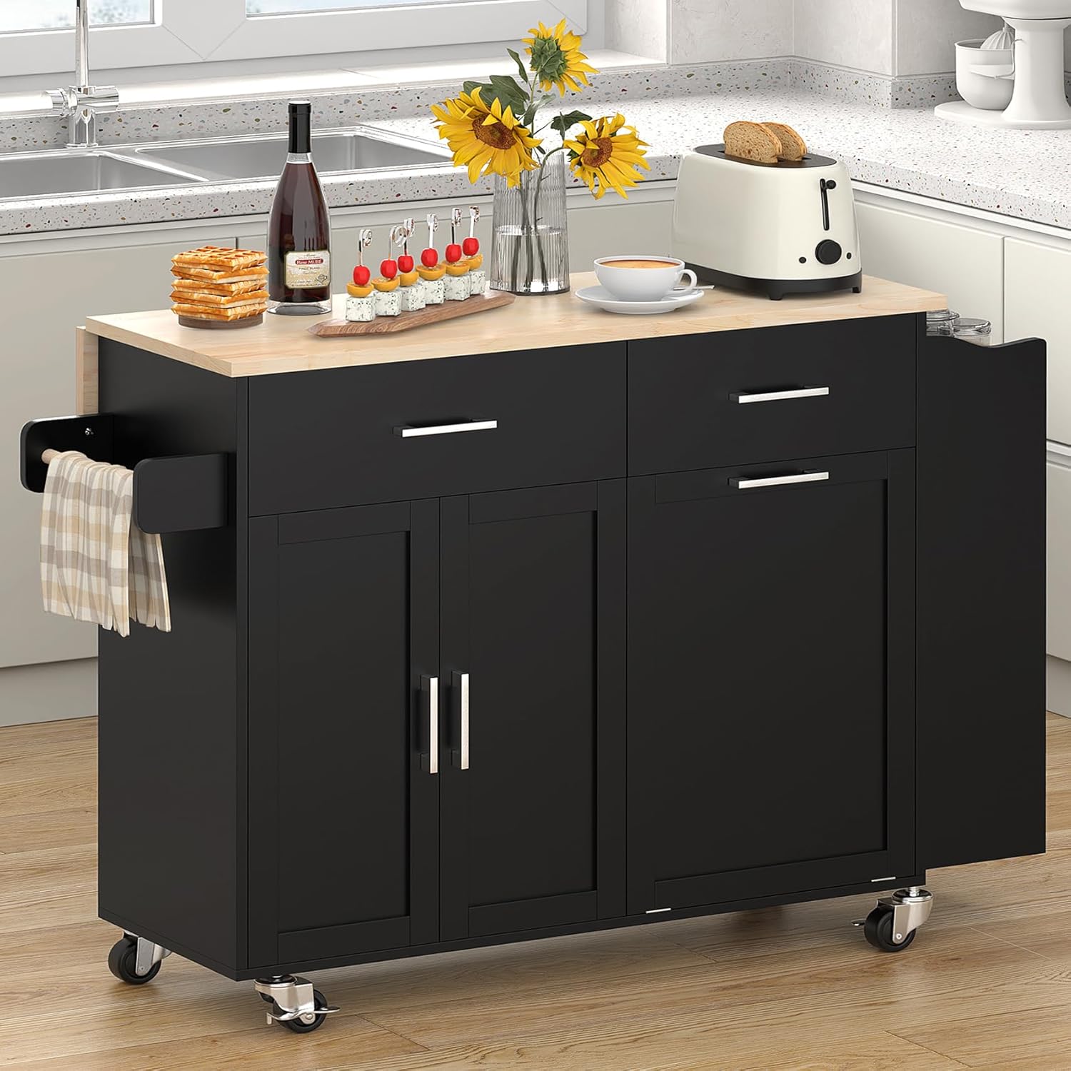 Bigbiglife Kitchen Island with Storage, 50.8" Rolling Kitchen Island Cart with Drop Leaf & Storage - Mobile Kitchen Organizer with Wheels, Rubberwood Top, Trash Can Cabinet & Towel Rack, Black