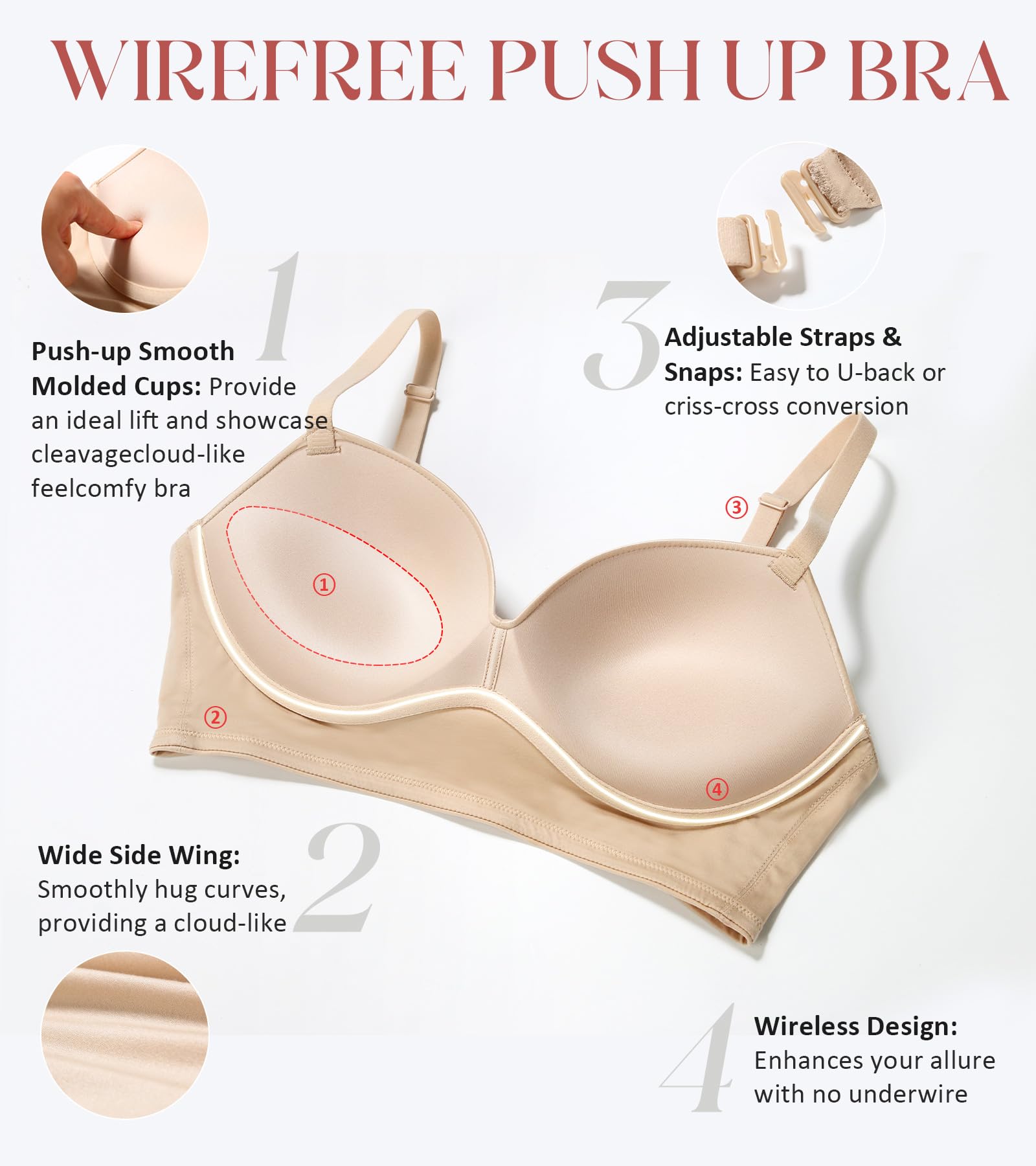 Lemorosy Sujetador push up sin aros para mujer, multidirección, convertible, escote en V, sin aros, acolchado, cómodo, brasier tipo camiseta