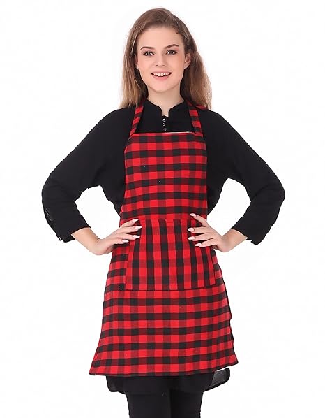 GLUN Waterproof Unisex Kitchen Apron with Center Pocket and Adjustable Neck Belt with Metal Buckle (PACK OF 1) (Red Checkered)