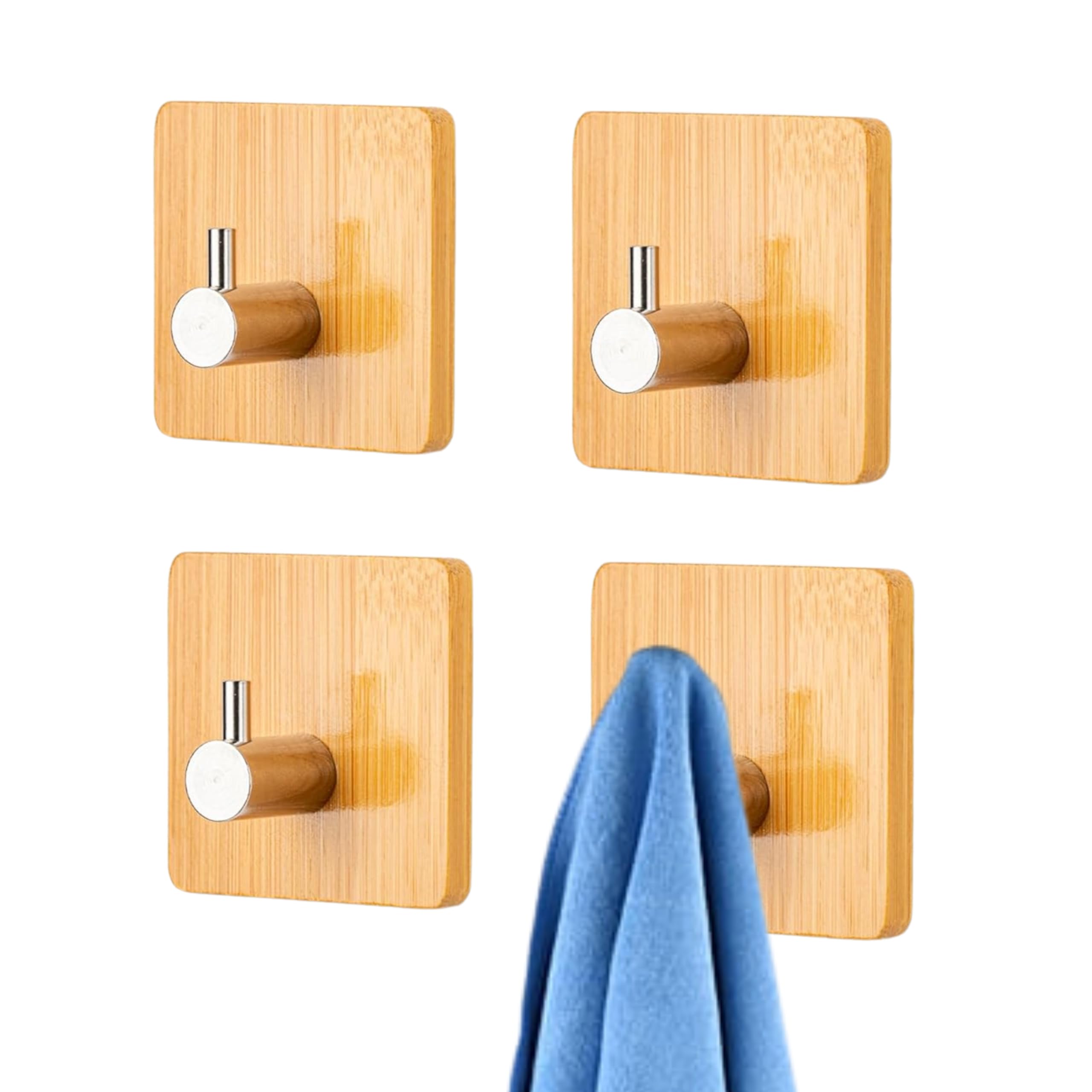 JIALTO 4 PCS Self Adhesive Wooden Hanging Hook | Without Drilling Hooks for Wall | Ideal for Bathroom Accessories Home Items and Kitchen Accessories Items (Square Silver Wooden)