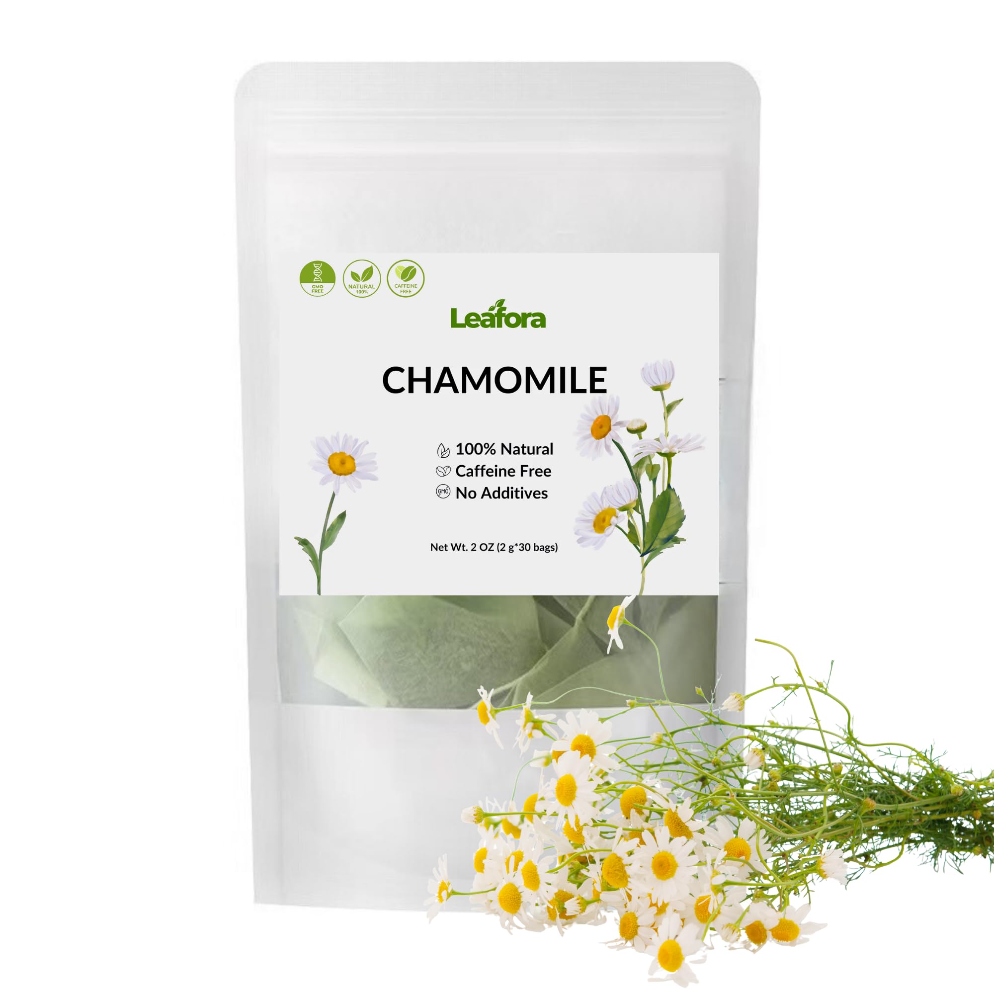 LEAFORA Organic Chamomile Tea Bags – 30 Count | Herbal Chamomile Tea for Sleep & Relaxation | Caffeine-Free | Non-GMO | Biodegradable Tea Bags | Hot