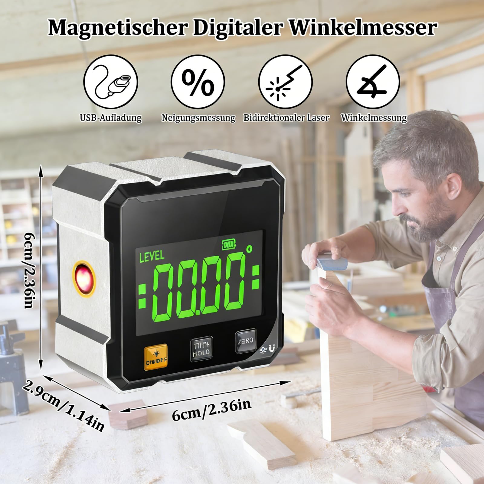 Outil de précision laser 5 en 1, rapporteur d'angle numérique avec écran LCD et fixation magnétique à 4 côtés, étanche IP54, adapté pour la construction et le travail du bois