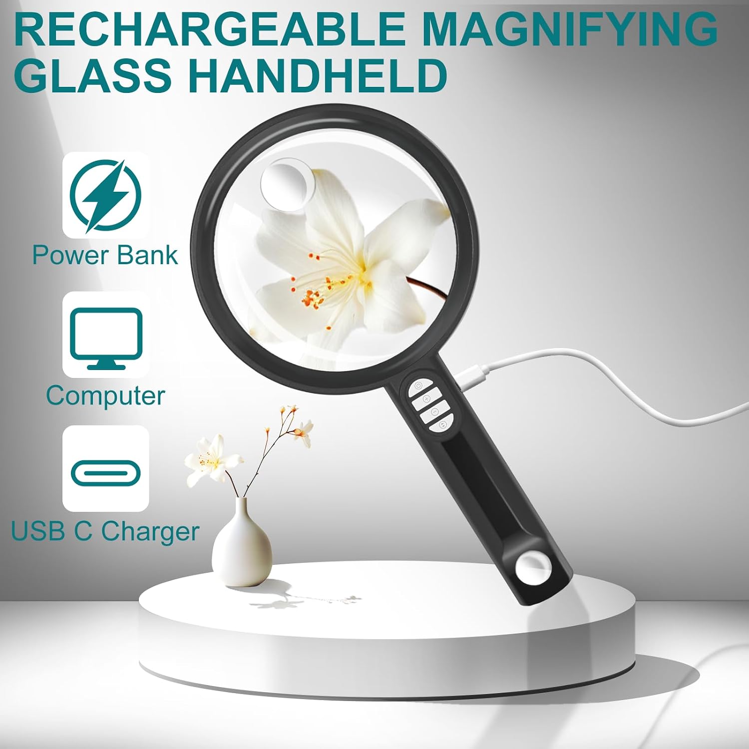 Large Magnifying Glass with 54 LED Light, 10X/20X/45X Handheld Magnifier | Rechargeable Magnifier with 5 Lighted Modes & 20 Brightness Levels for Seniors Reading Coins Close Work