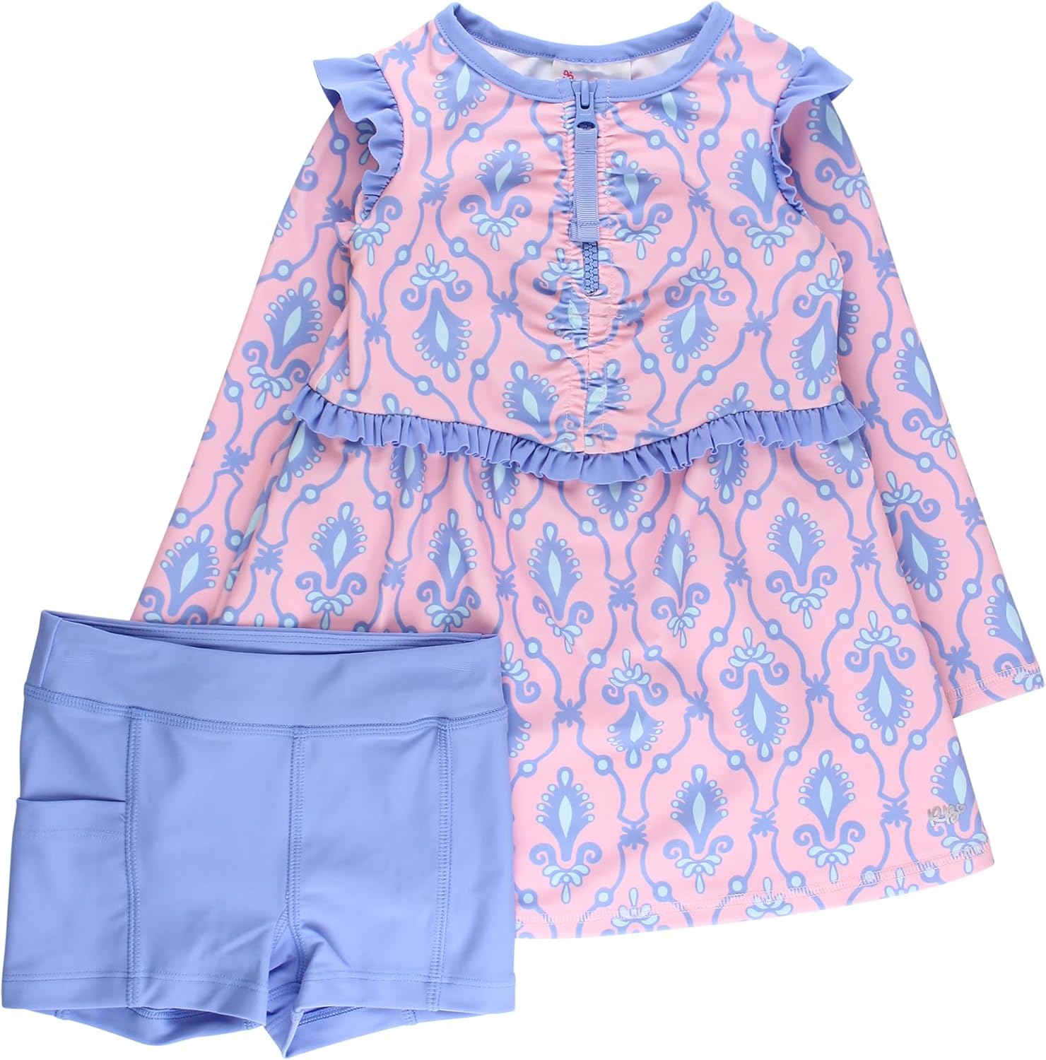 RuffleButts Girls UPF50+ Sun Protected Active Long Sleeve Zip Flutter Dress & Bike Short Set Outfit