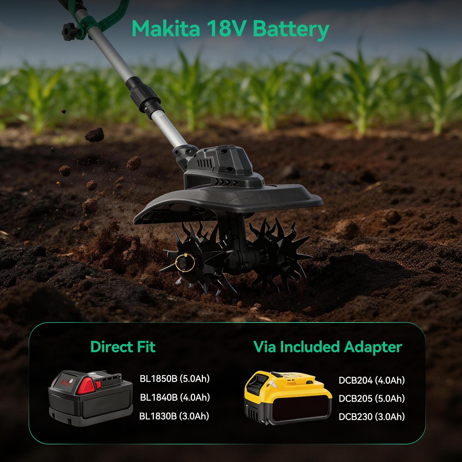 Motobineuse Électrique sans Fil 21V, Motoculteur Puissant 500W avec Moteur sans Balais Largeur 23cm Compatible avec Makita et DeWalt Écran LED & Bandoulière pour Jardin sans Batterie
