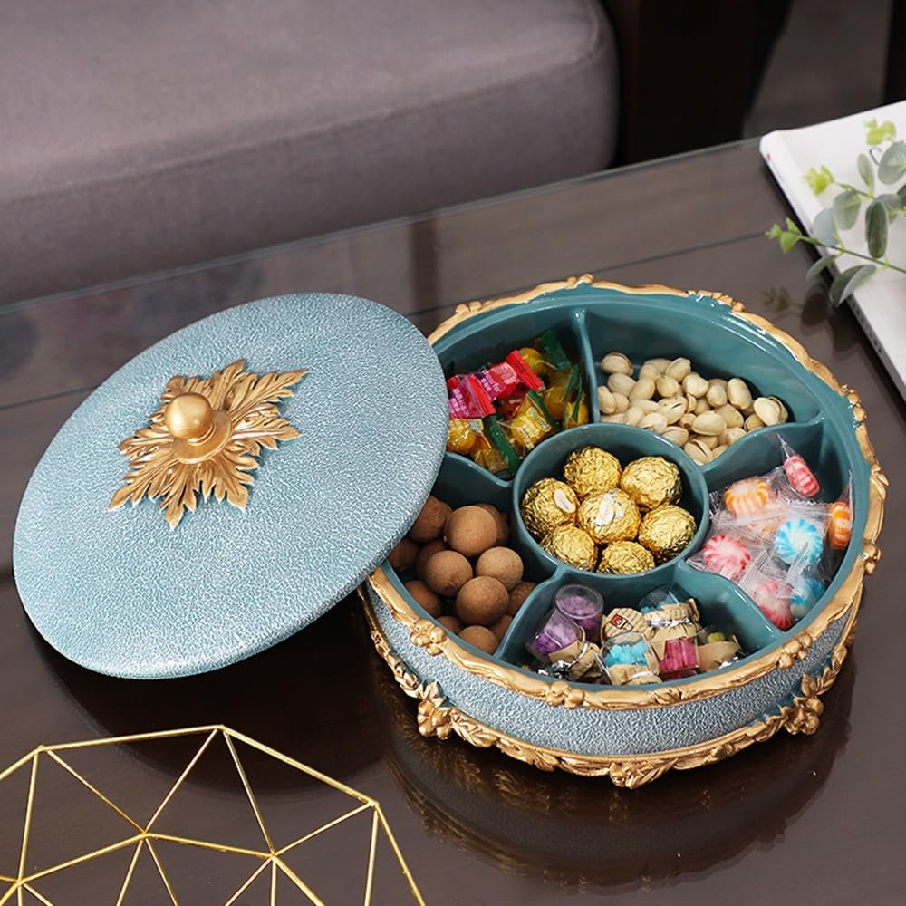 Plateau de service multifonction avec couvercle – 6 compartiments pour noix, fruits secs, bonbons et fruits – Idéal pour le divertissement et les événements
