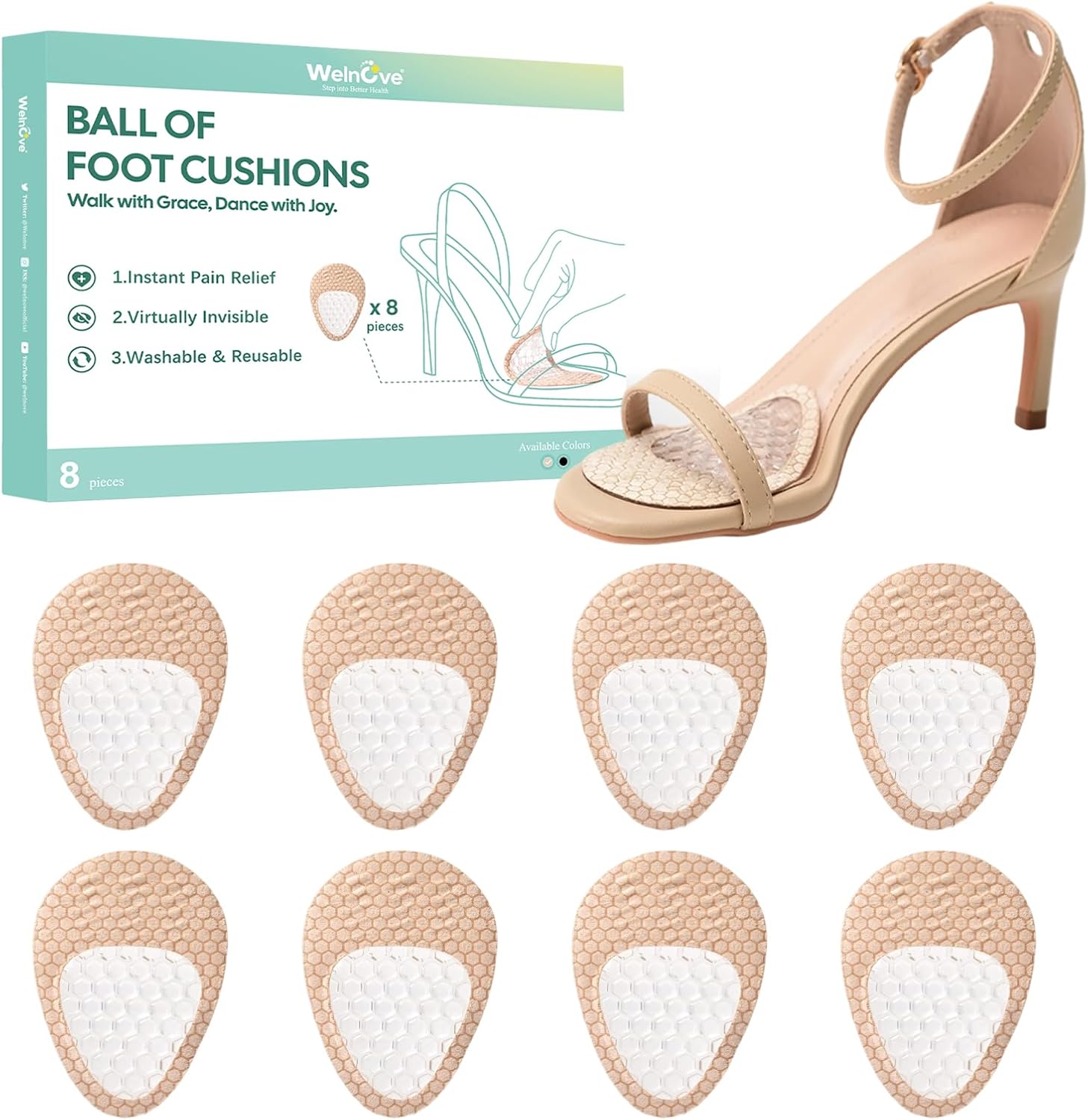 Ball of Foot Cushions for Heels - Welnove 4 Pairs Metatarsal Pads for Women Men Non Slip Shock Absorbing Gel - Invisible Design High Heels Inserts for Foot Pain Relief, Slipping, Blisters (Beige)