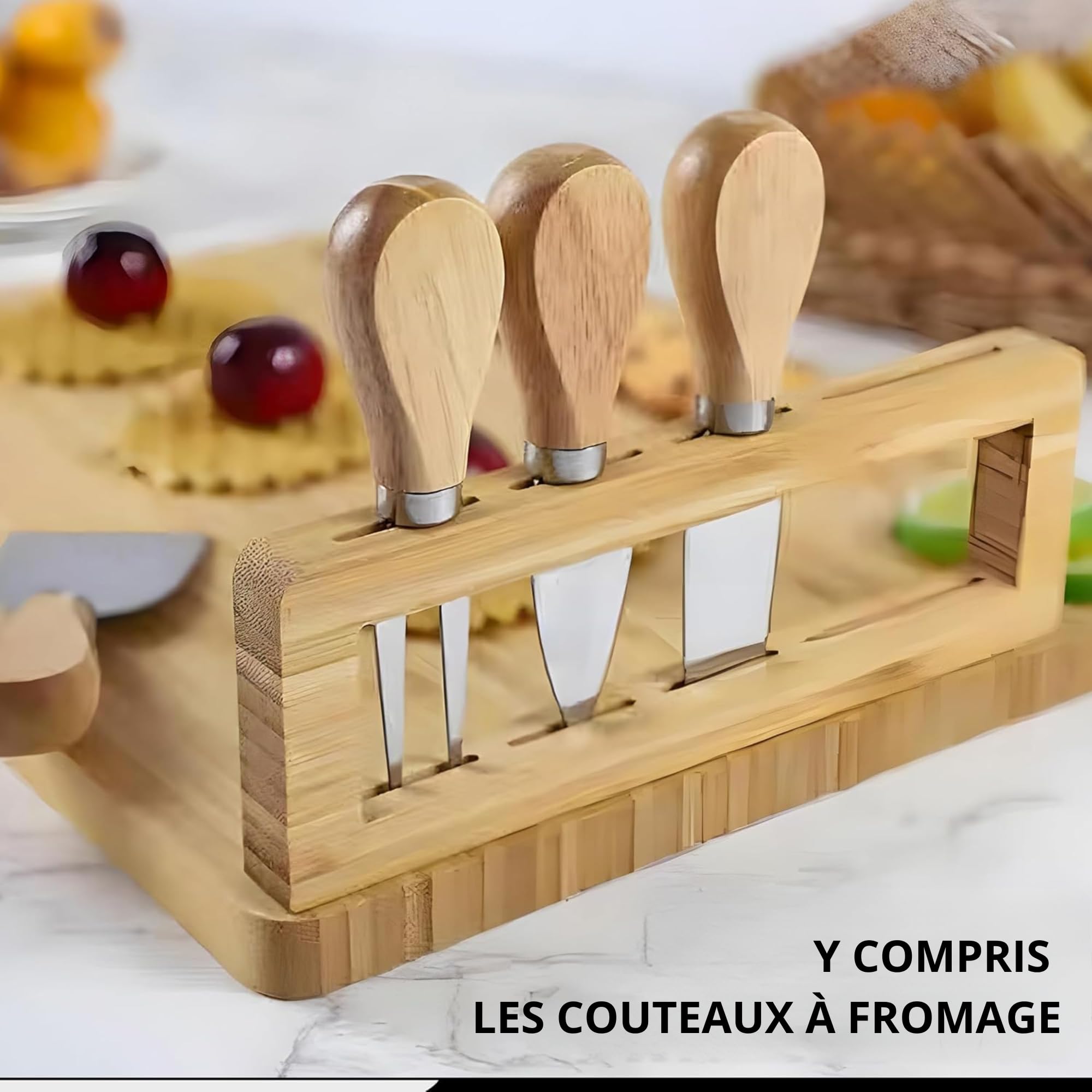 Ensemble De Planches À Fromage en Bambou avec Couteaux Et Fourchettes - Planche À Charcuterie en Bois avec Plateau De Service Supplémentaire | Plateau De Service pour Tapas, Fruits Et Viande