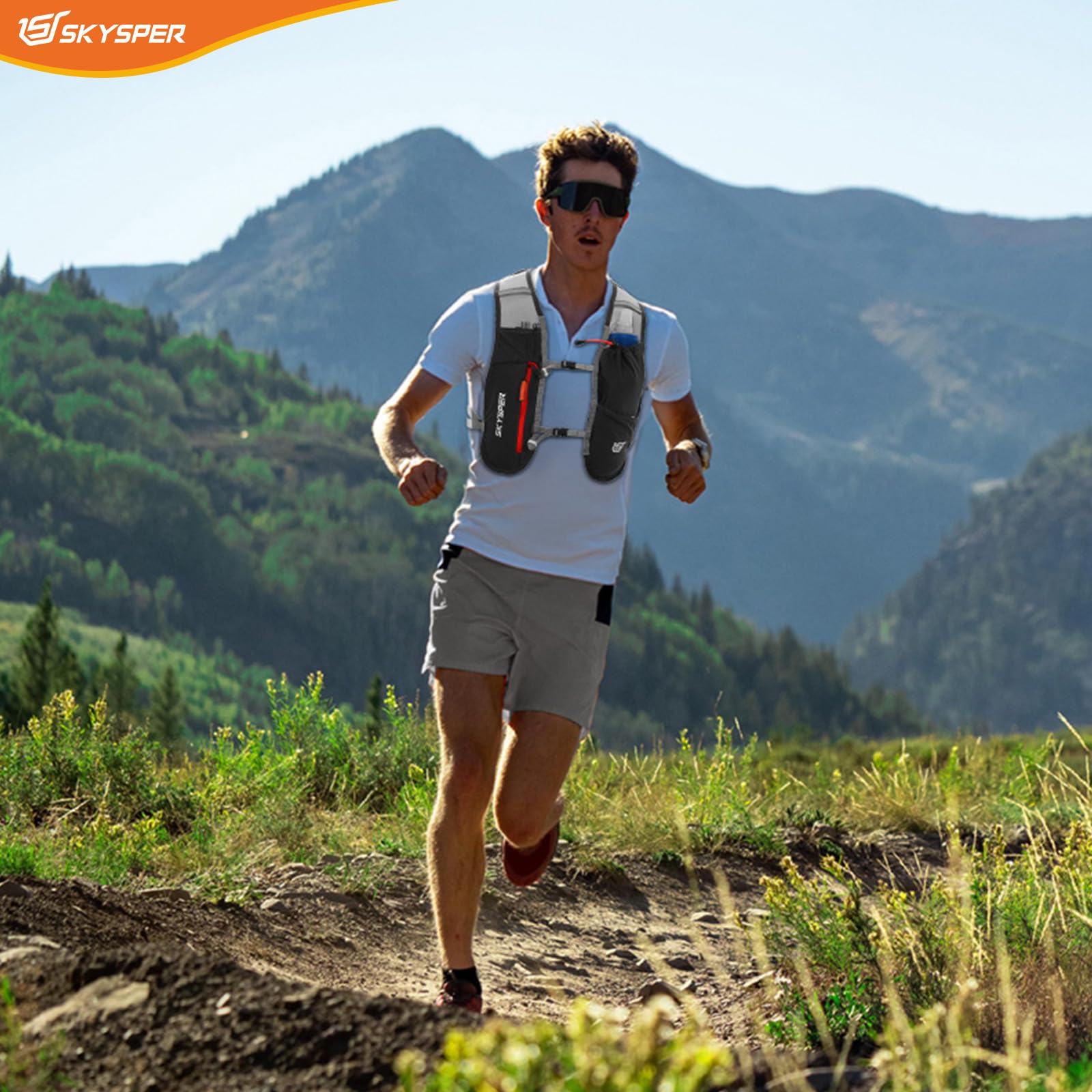 SKYSPER Gilet Hydratation Running 5L, Sac Trail avec Bouteille Souple 500ml pour Course à Pied Marathon Trail Randonnée Femme Homme