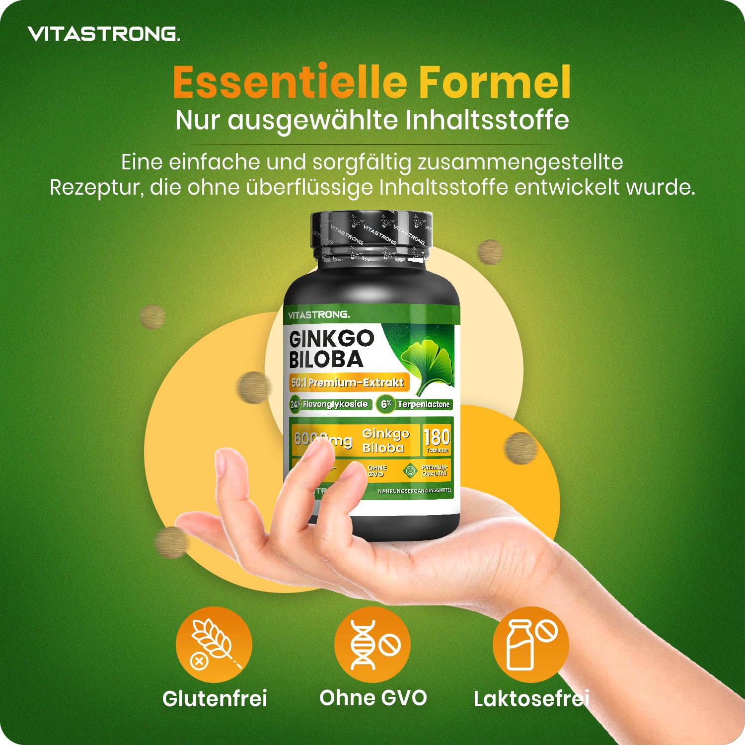 Ginkgo Biloba Nahrungsergänzungsmittel Vitastrong, 180 Vegan Tabletten, 6000mg hohe Bioverfügbarkeit, natürliches Nootropikum, Brain Focus Konzentration, Ginkgo Biloba Hochdosiert Gluten- und GVO-frei