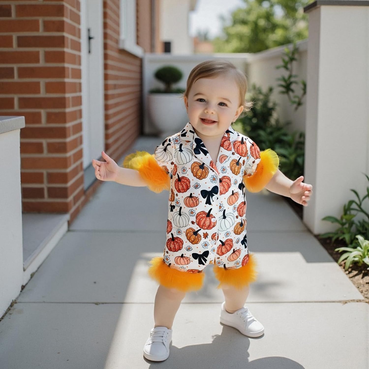 fyclemt Toddler Halloween Pajamas Baby Girl Pajamas Pumpkin Feather Trim Sleeve Jumpsuit Romper Satin Nightgown Pjs Sleepwear