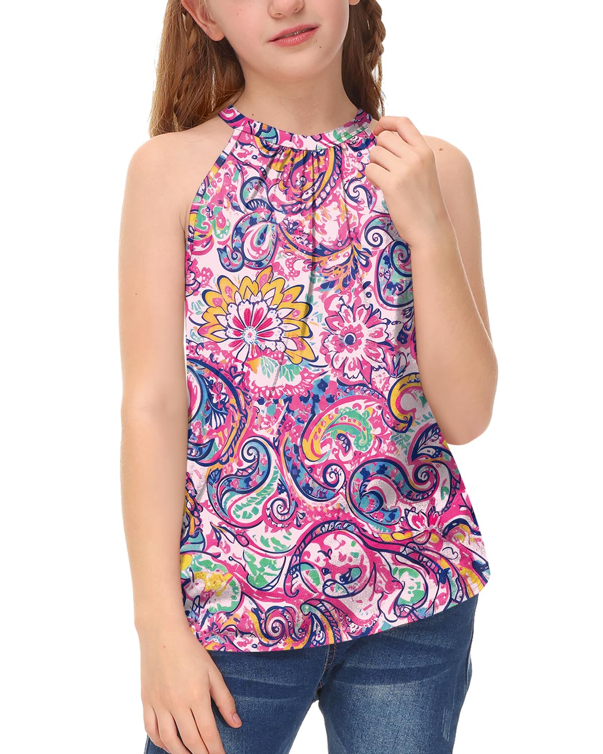 BesserBay Girls Summer Back Button Halter Neck Tank Top Cold Shoulder Casual Blouse Pleated Sleeveless Shirts 5-14 Years