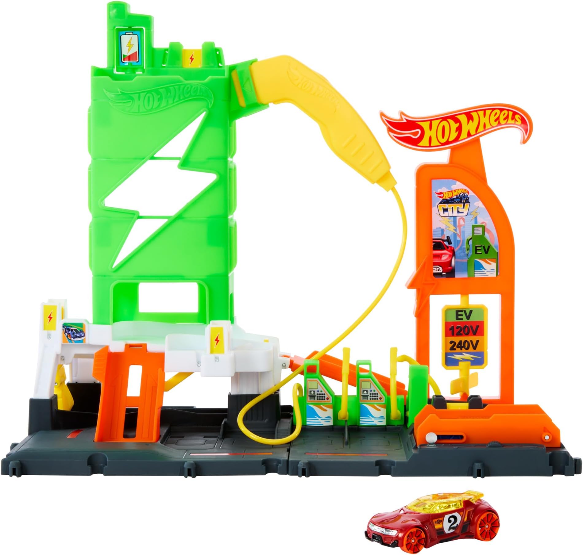 Let's Race Netflix - City Super Recharge Fuel Station Playset with EV Chargers and 1:64 Scale Toy Car, HTN79